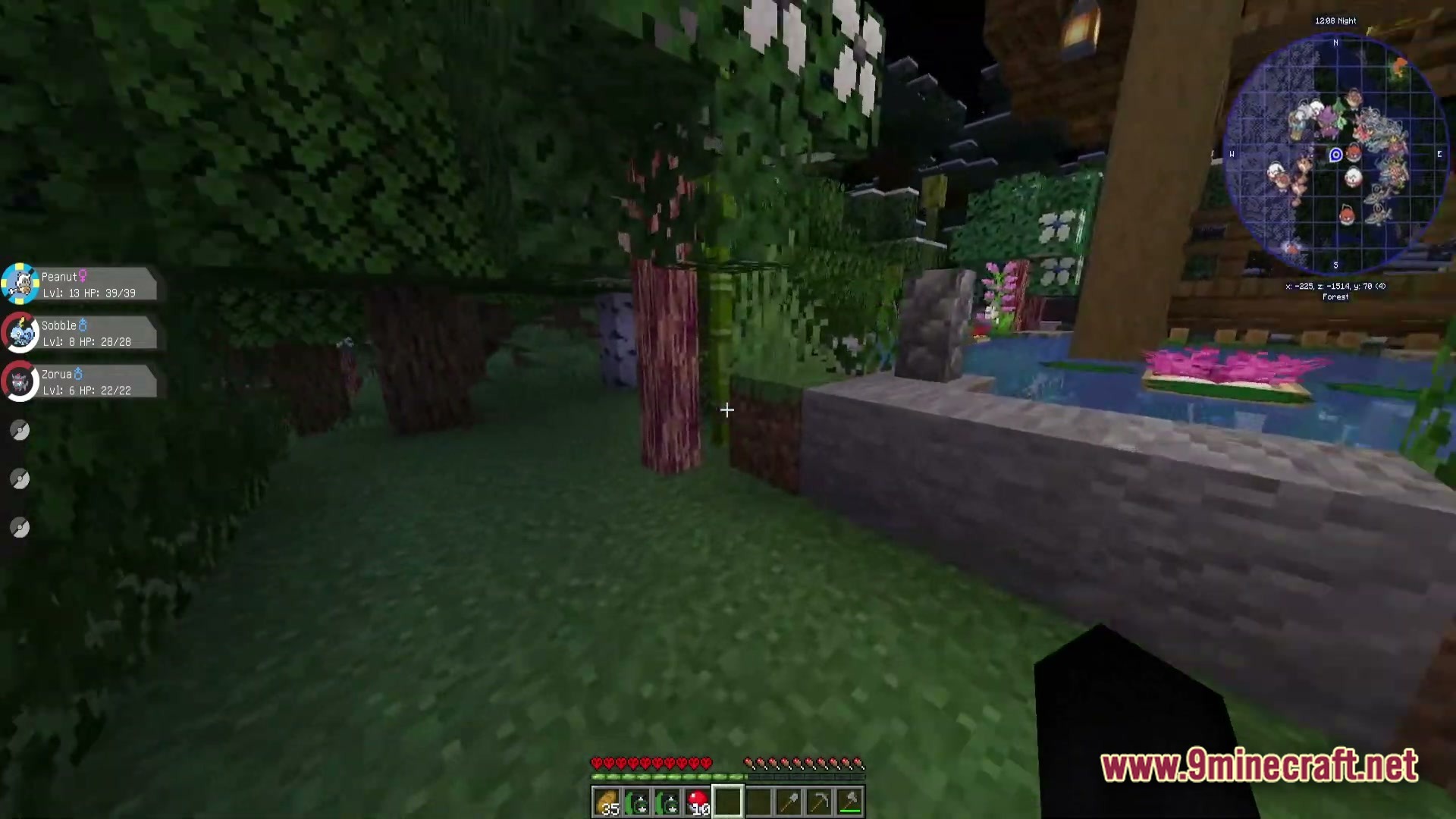 Ultra Hardcore Renewed Modpack (1.20.4) – Survive On One Single Life 2 A player explores a forest biome featuring pixelmon interface elements, a minimap, and a small pond