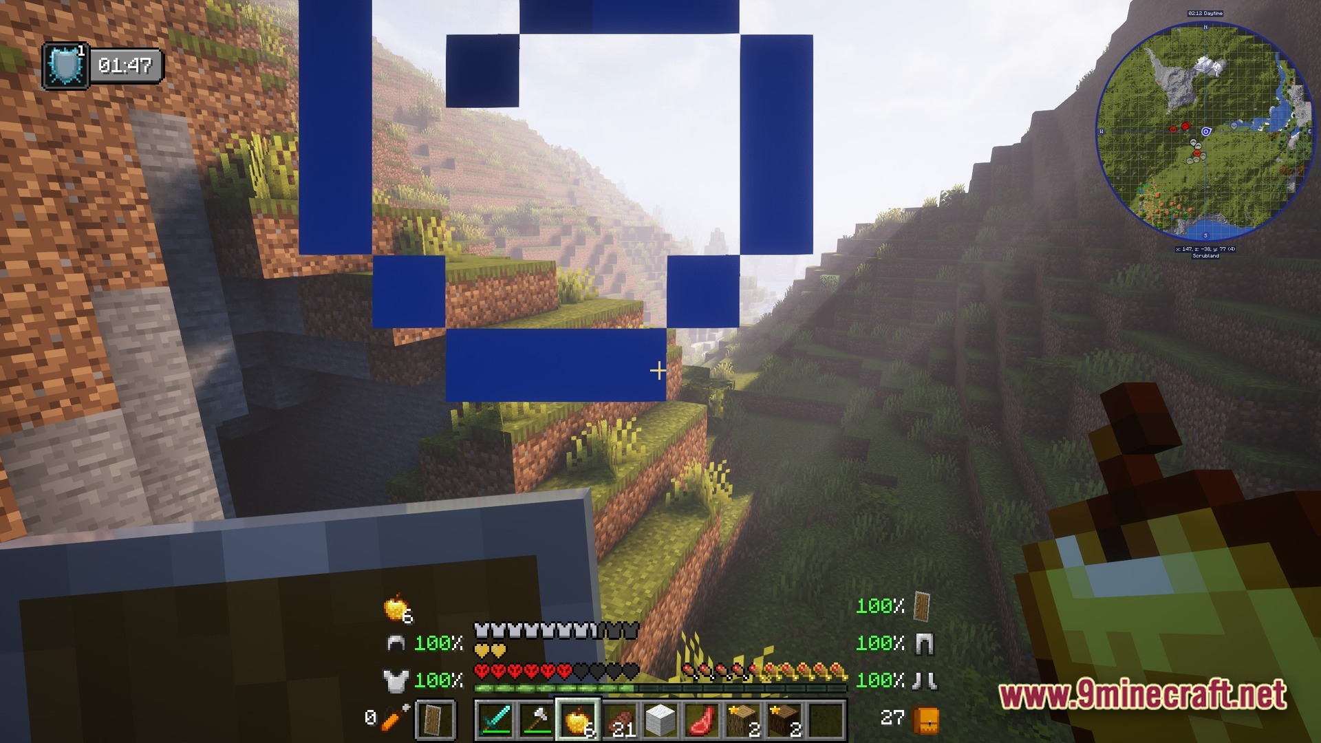 Ultra Hardcore Renewed Modpack (1.20.4) – Survive On One Single Life 11 A player holds a golden apple while looking across a hilly landscape with a custom hud