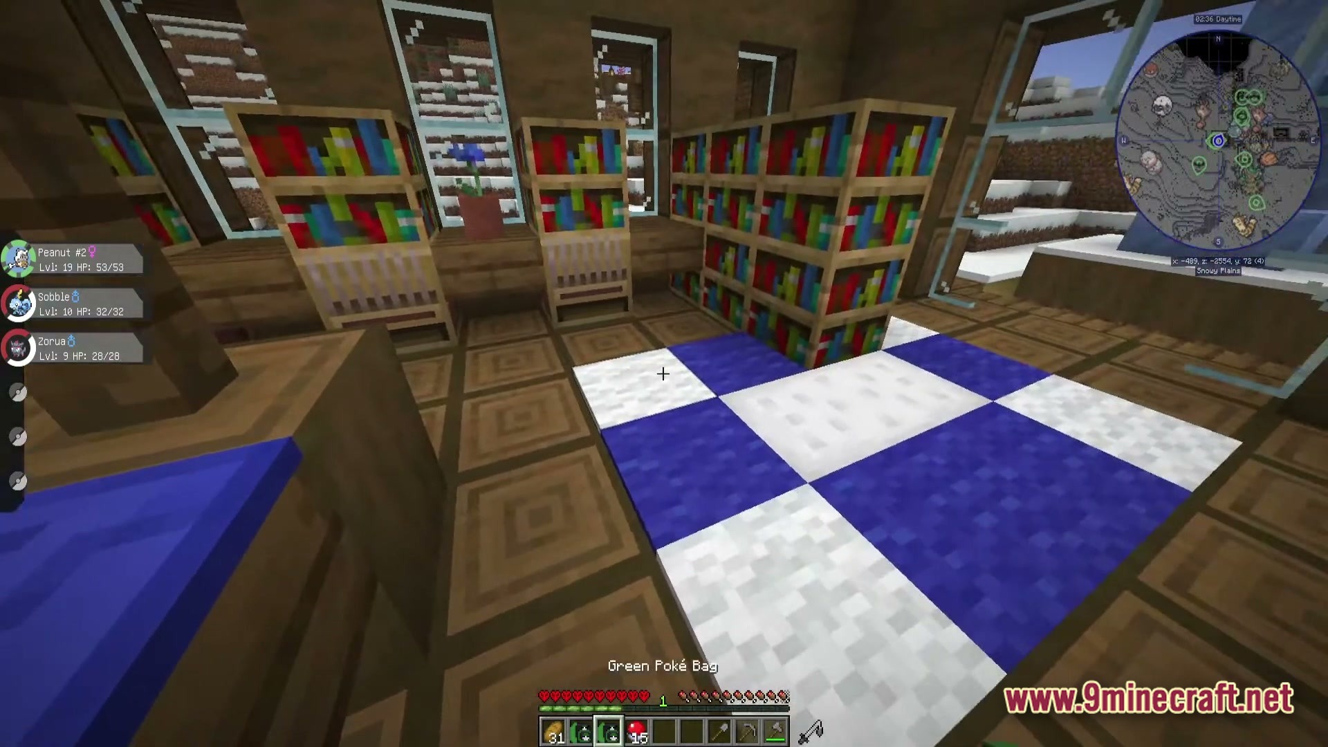 Ultra Hardcore Renewed Modpack (1.20.4) – Survive On One Single Life 3 A first-person view of a wooden interior featuring bookshelves, checkered carpet, and a pokémon-themed user interface