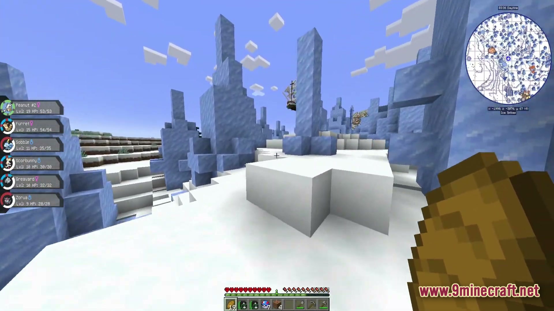 Ultra Hardcore Renewed Modpack (1.20.4) – Survive On One Single Life 6 A player explores an ice spikes biome with a pixelmon party and a floating pirate ship