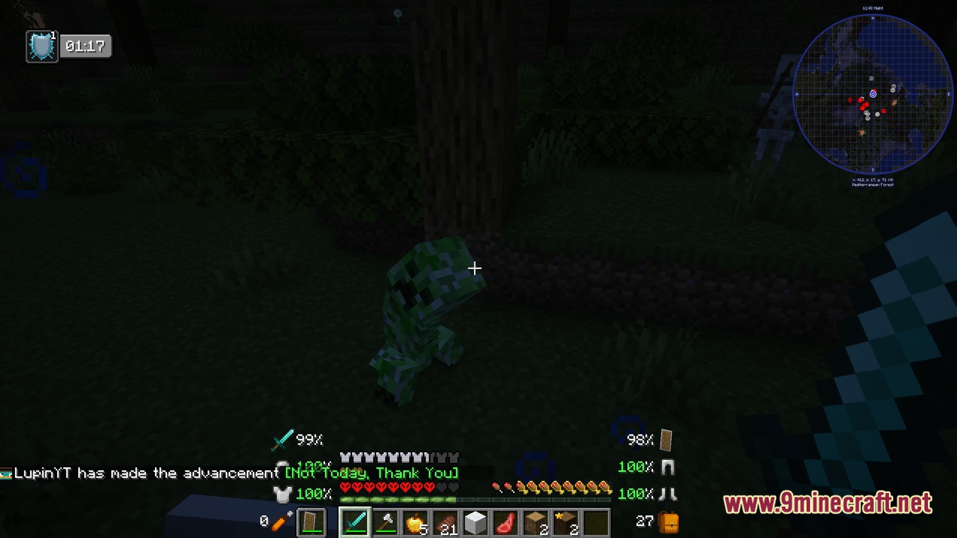 Ultra Hardcore Renewed Modpack (1.20.4) – Survive On One Single Life 7 A player faces a creeper at night in a forest with a custom survival heads-up display