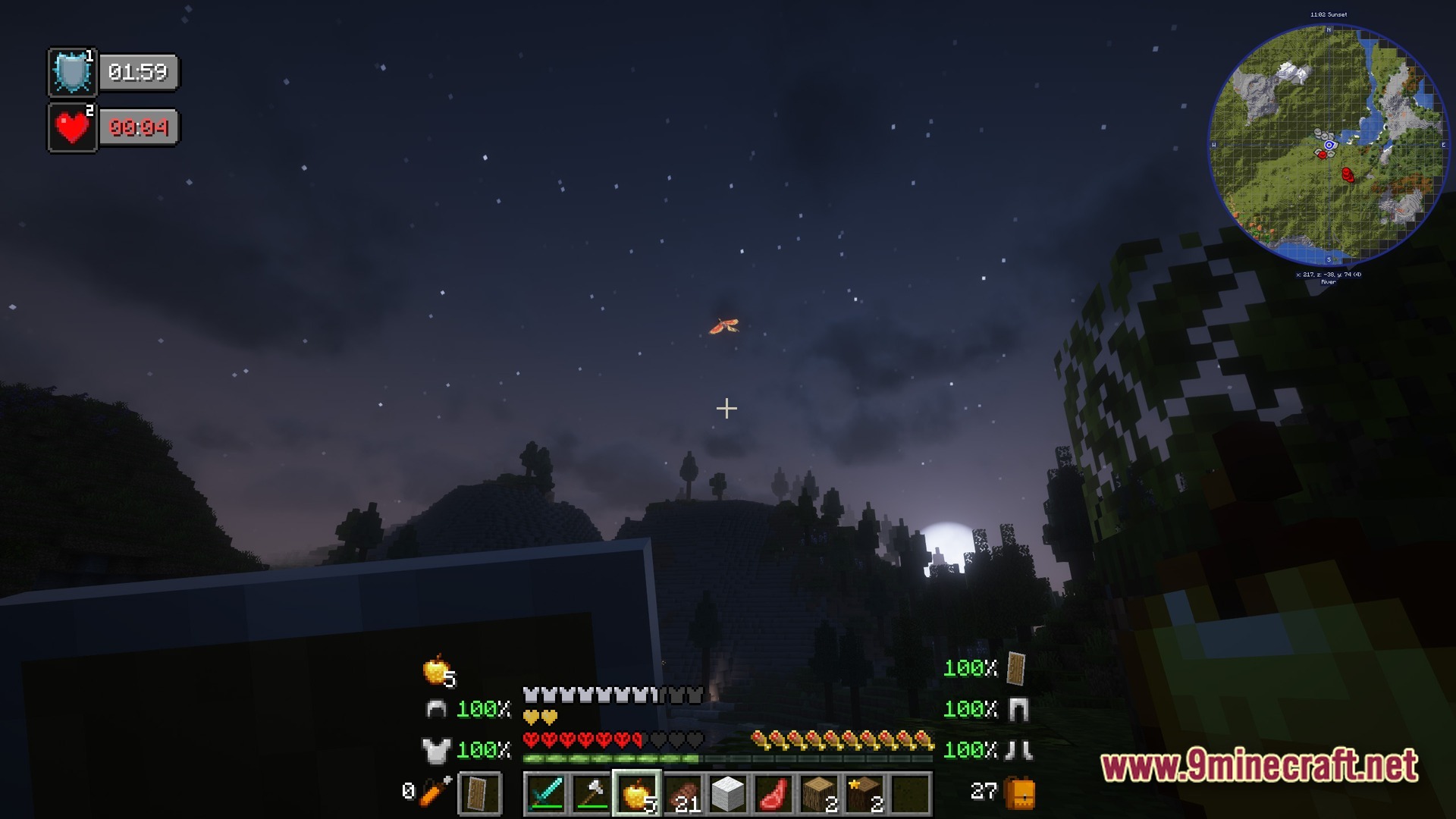 Ultra Hardcore Renewed Modpack (1.20.4) – Survive On One Single Life 8 A player holds a golden apple at night while a flying mob glows in the distance