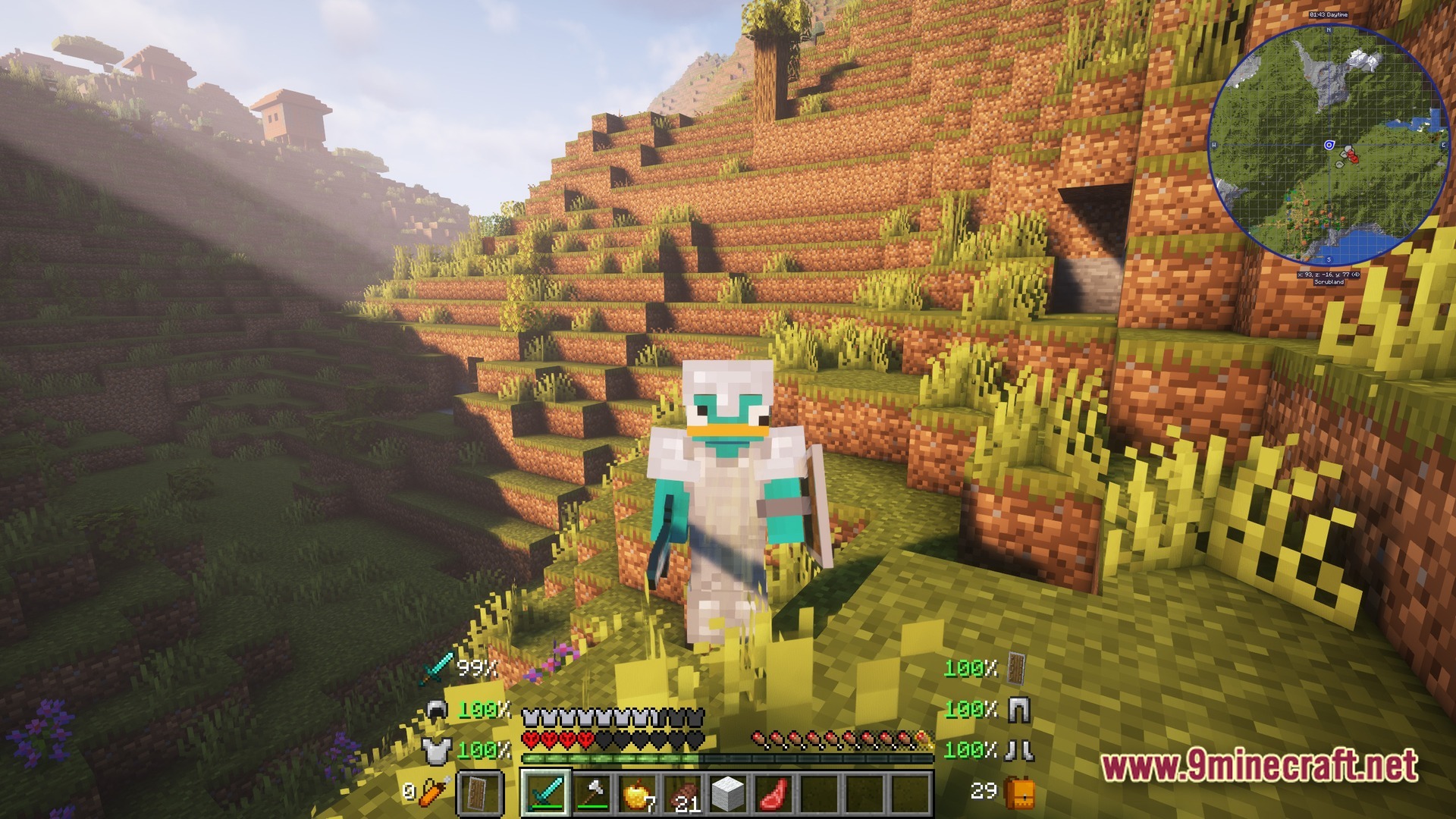 Ultra Hardcore Renewed Modpack (1.20.4) – Survive On One Single Life 10 A player wearing iron armor stands on a grassy hillside with a village in the distance