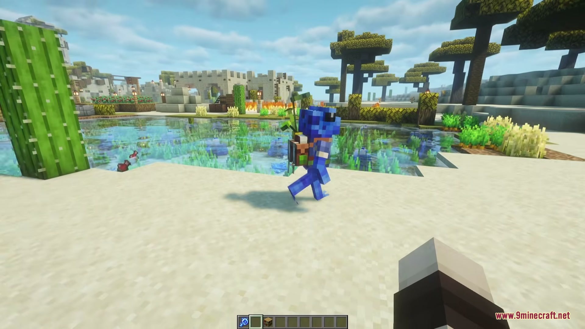 Unending Horizon Cycle Mod (1.21.11, 1.21.1) – Unearth Relic Blades 2 A blue froglet companion with a backpack walks near a desert oasis