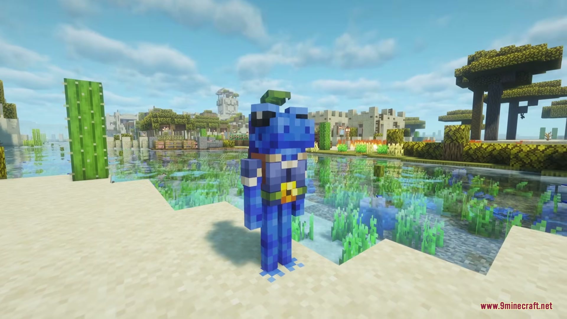 Unending Horizon Cycle Mod (1.21.11, 1.21.1) – Unearth Relic Blades 3 The blue froglet guide from unending horizon cycle mod standing on sand