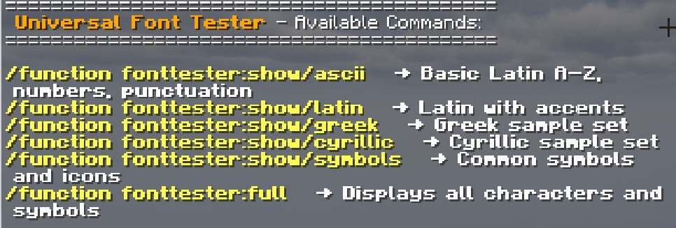 Universal Font Tester Data Pack (1.21.11, 1.20.1) – Check Text Styles 2 Universal font tester commands displayed in the chat for checking text styles