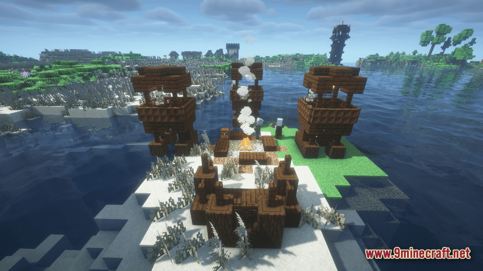 Illager watchtowers and a campfire setup on a small island near a coastal village