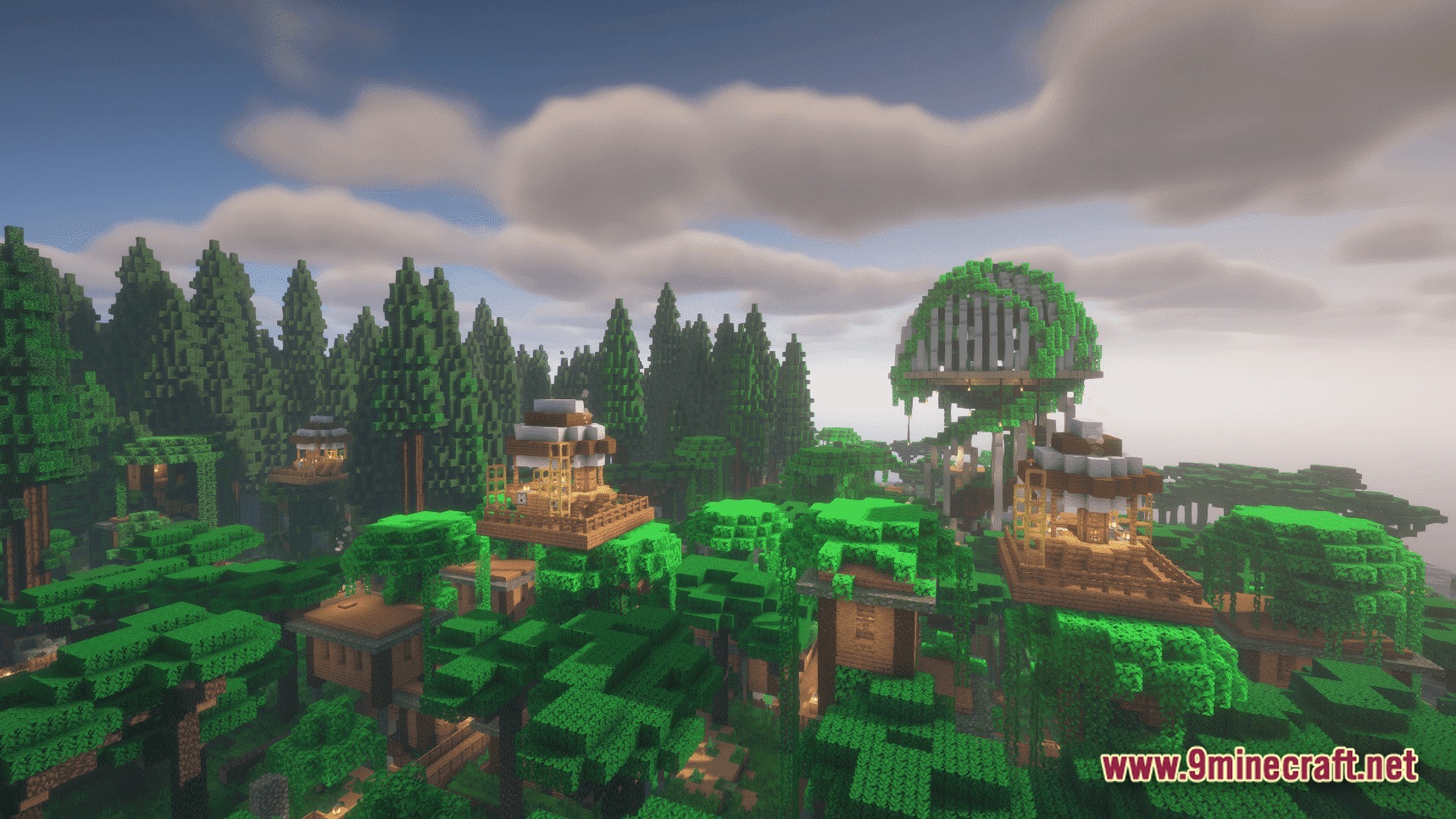 Wooden treehouse structures and elevated platforms nestled within a dense jungle and redwood forest biome