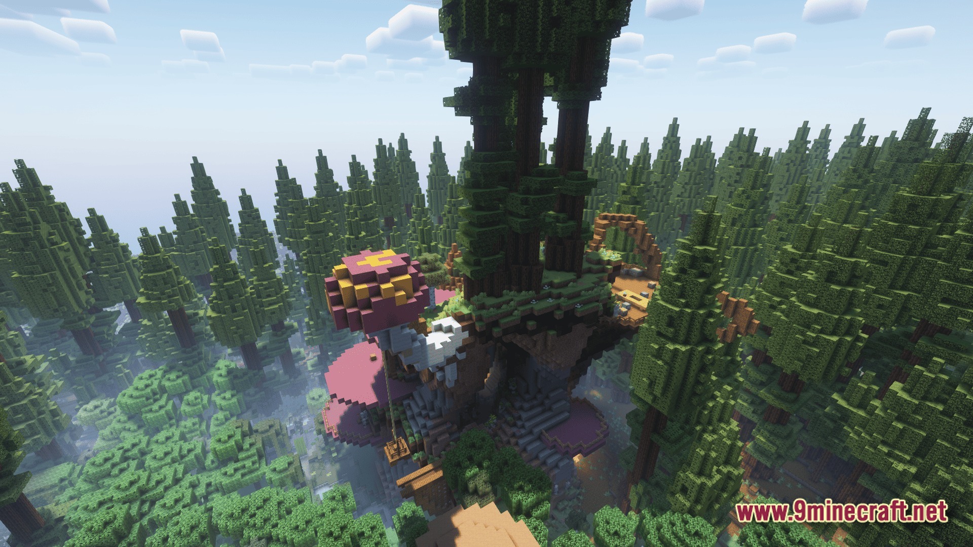 A large custom treehouse structure with pink mushroom platforms built within a dense coniferous forest biome