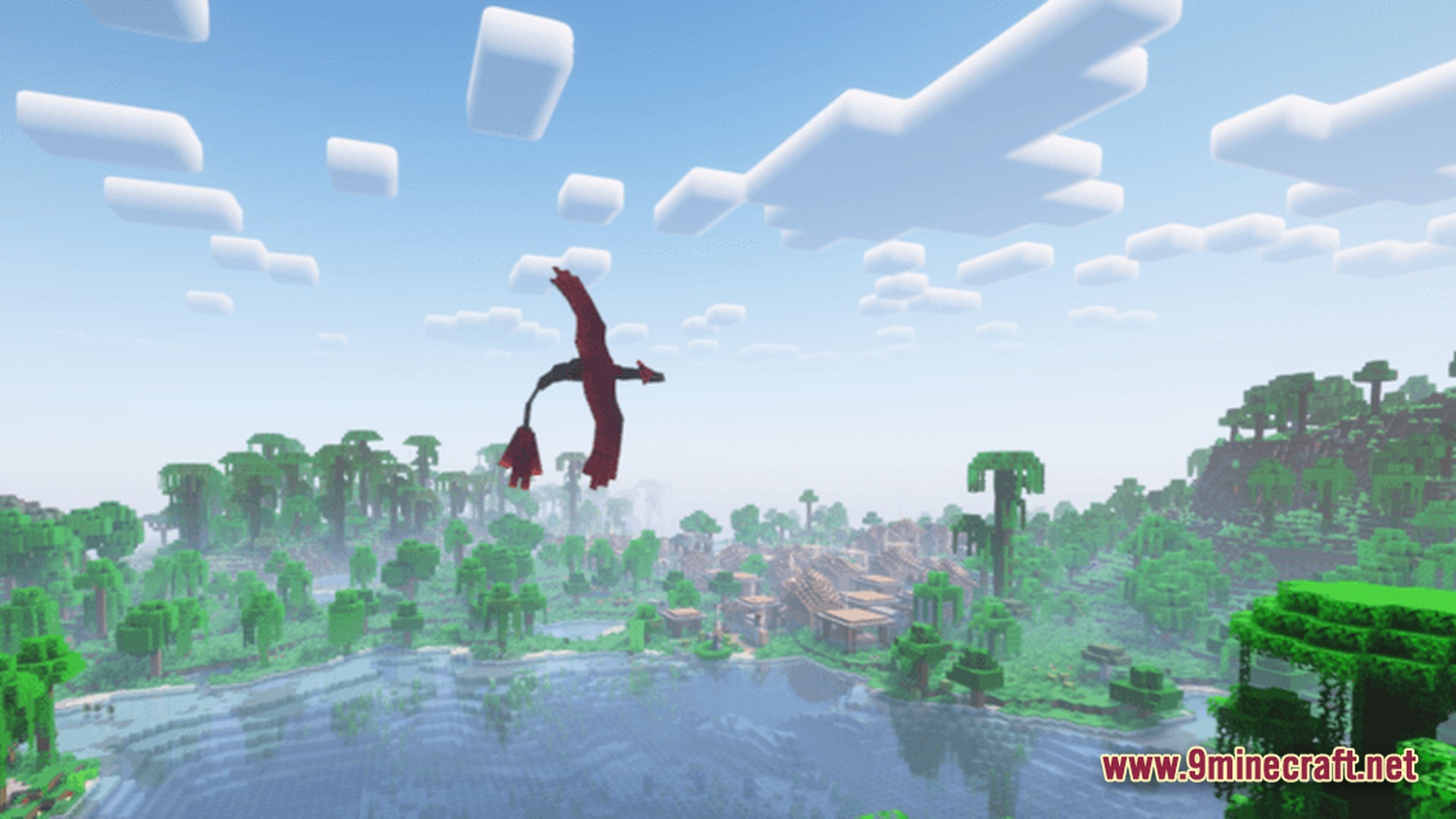 A red dragon flies over a jungle biome containing a village and a large lake