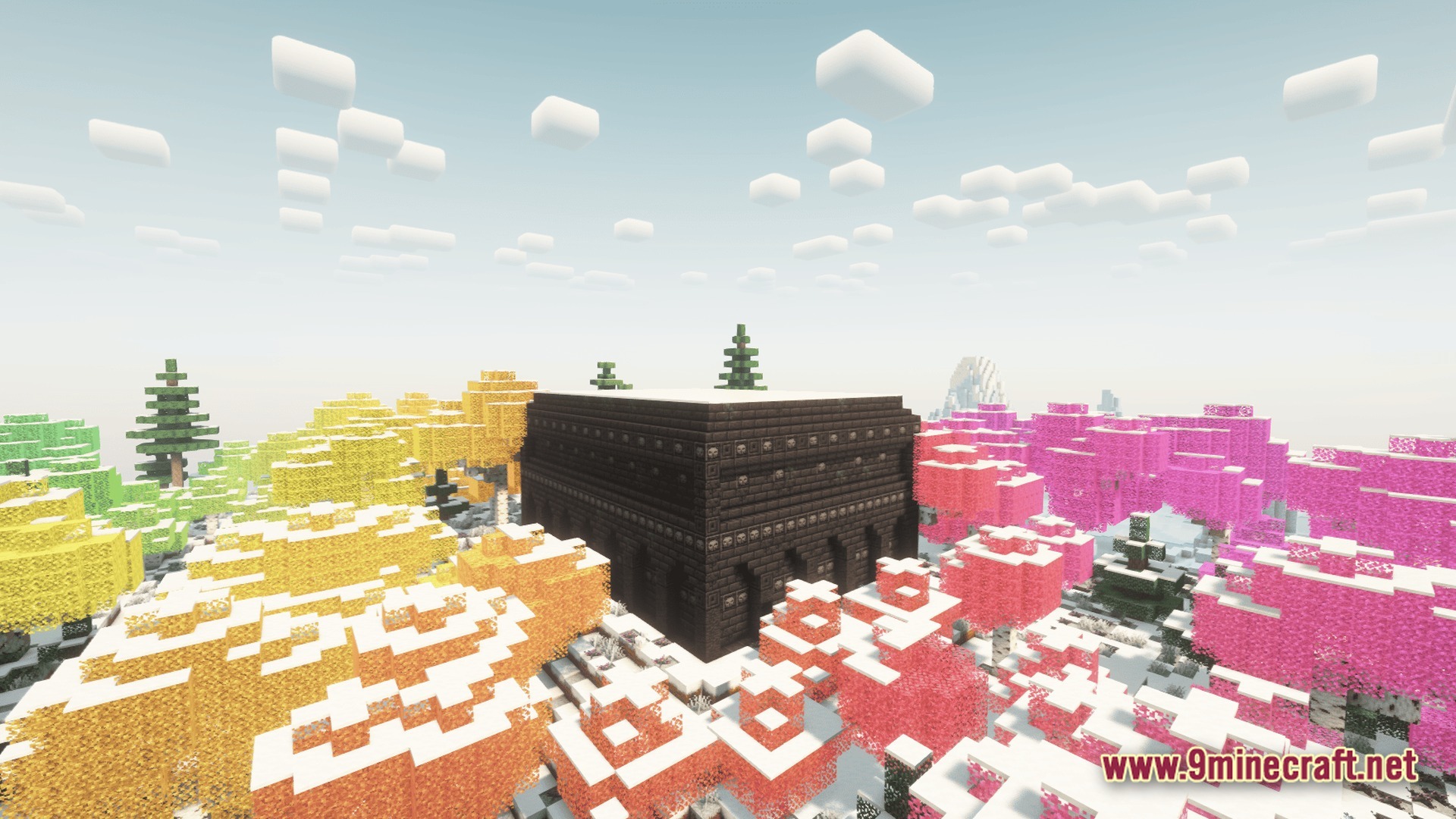 A dark stone structure stands centered within a snowy biome featuring vibrant yellow and pink trees
