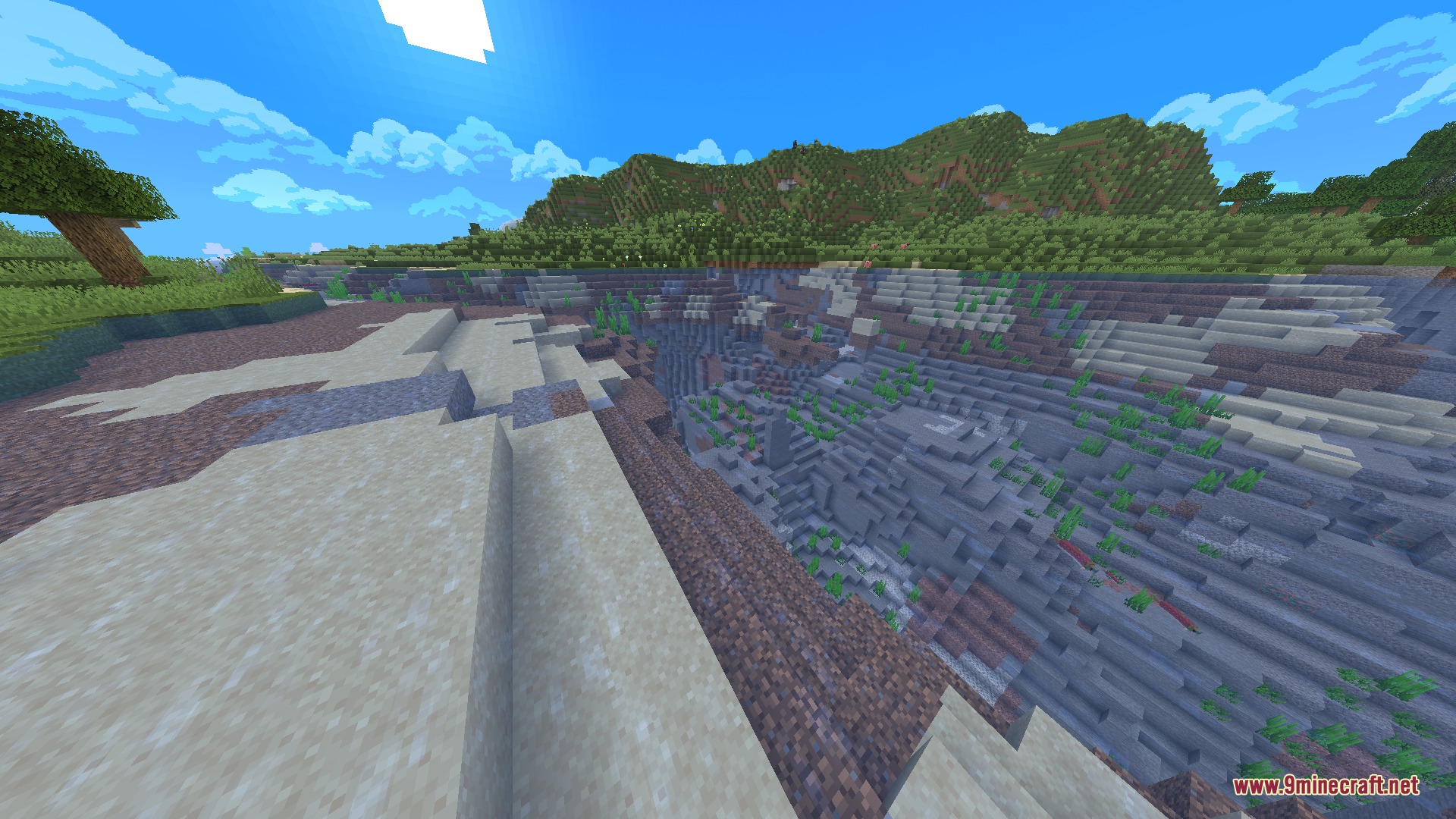 A vast minecraft landscape featuring a deep ravine and a custom sky texture