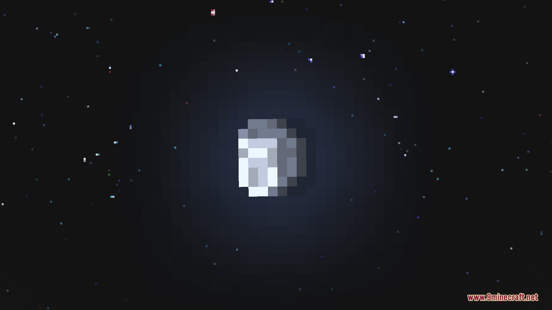 A pixelated circular moon shines brightly among stars in the night sky