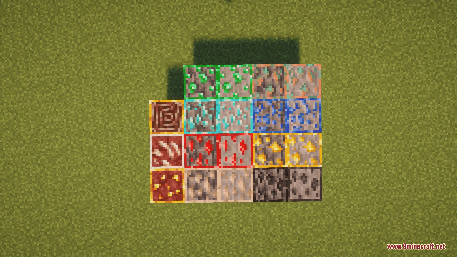 Various minecraft ore blocks displayed on grass with distinct colored outlines