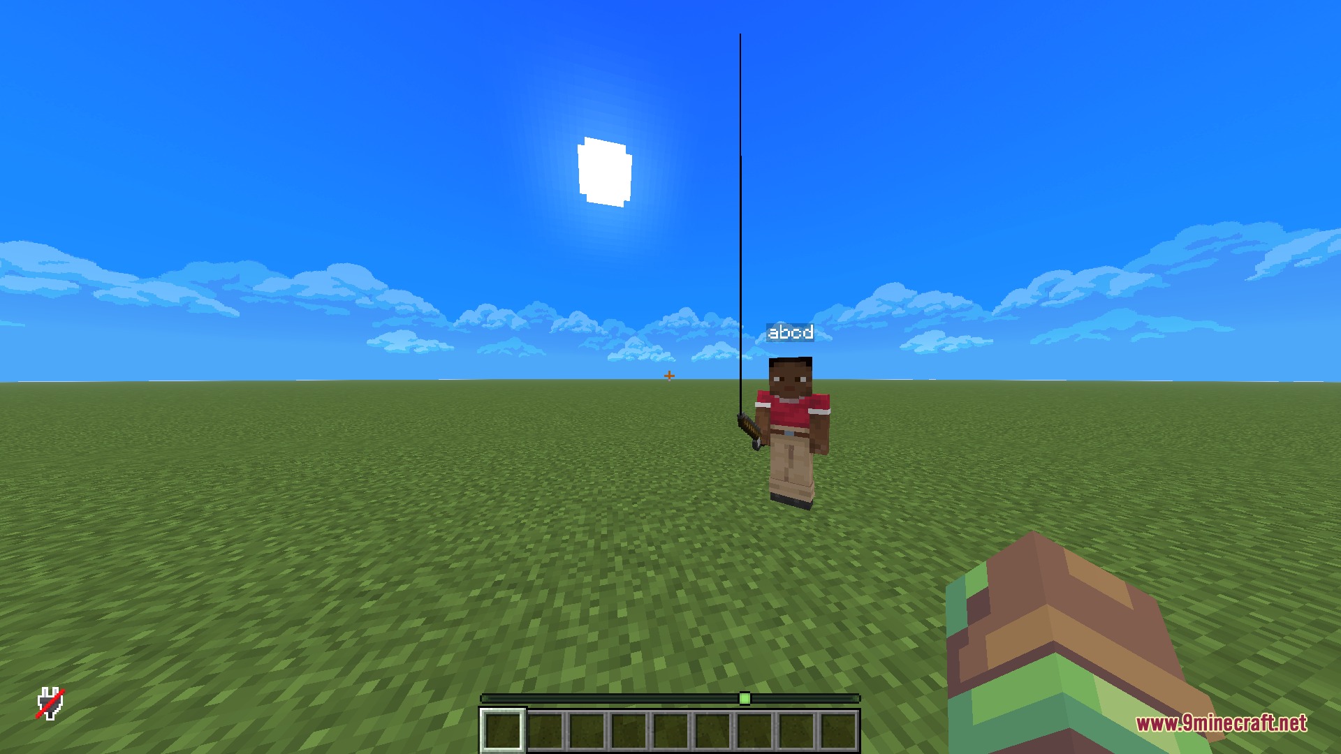 A player holds a fishing rod under a circular sun in minecraft