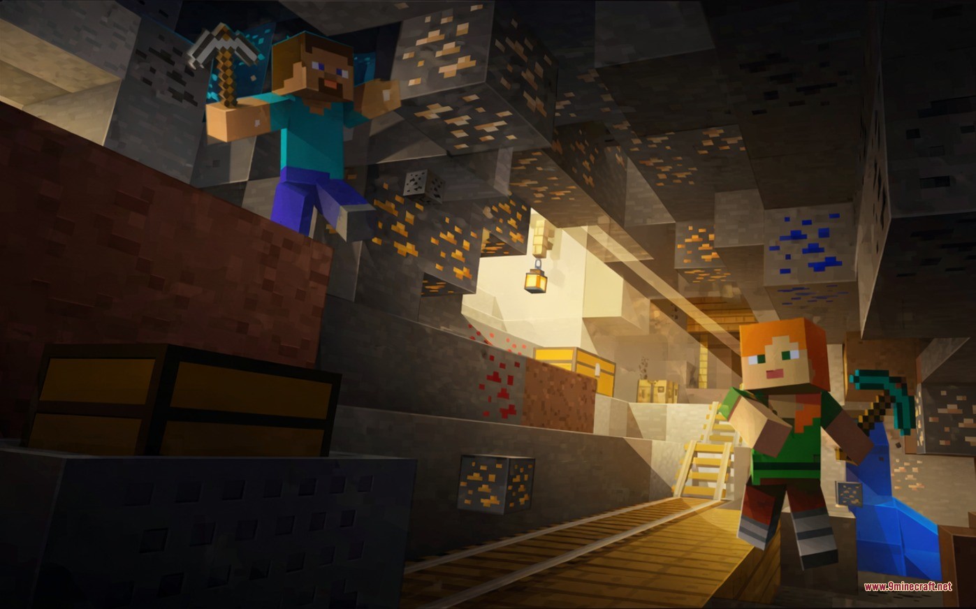 Steve and alex mining gold and lapis ores in a deep underground cave