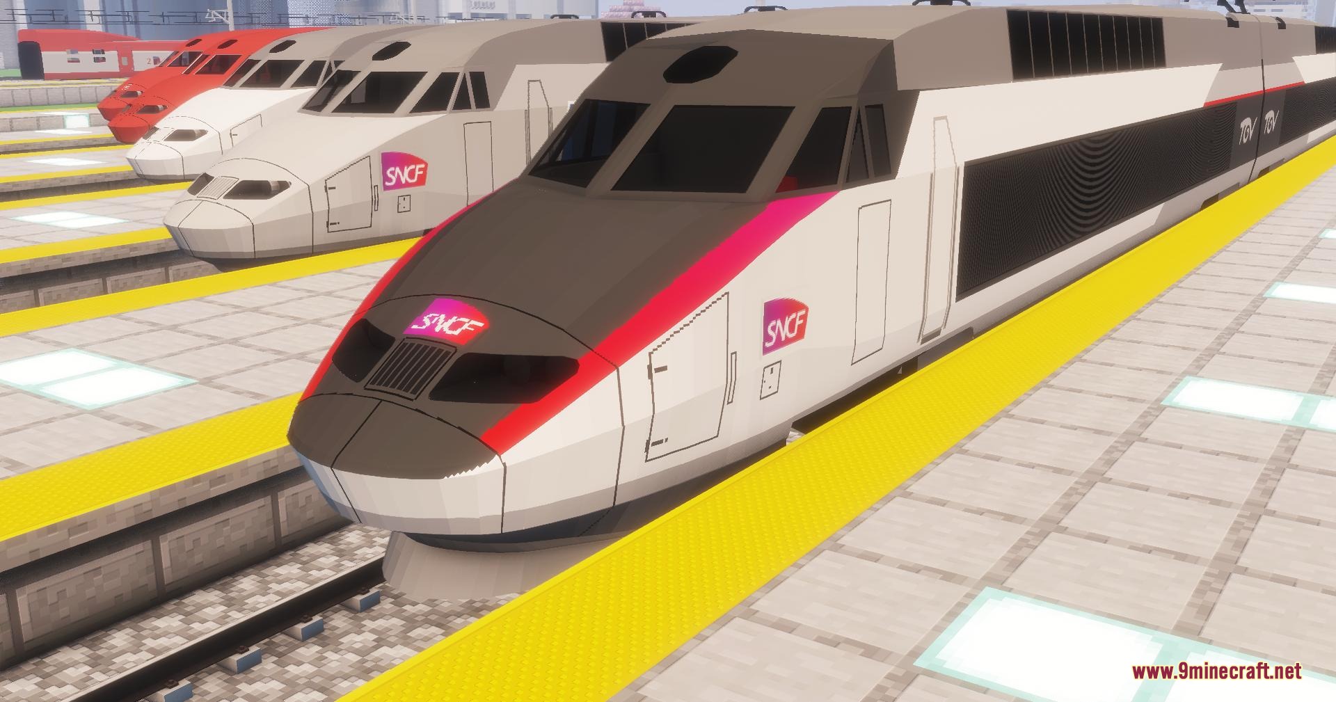 Velocity Rail Streamline Resource Pack (1.20.1) – Iconic French High-Speed 3 Multiple french high speed trains parked at a station platform in minecraft