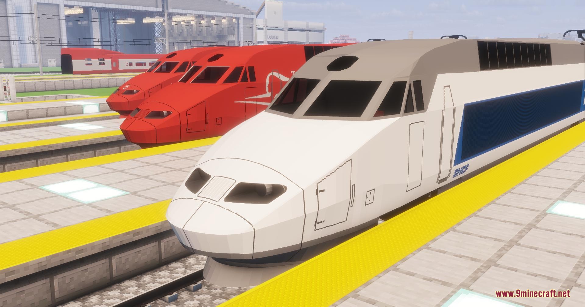 Velocity Rail Streamline Resource Pack (1.20.1) – Iconic French High-Speed 5 Red and white high speed trains parked at a railway station platform