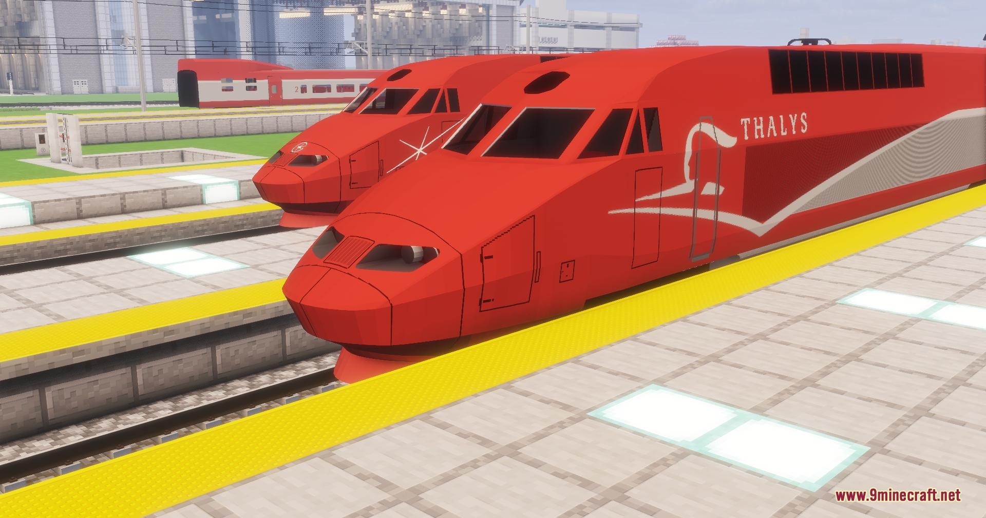 Velocity Rail Streamline Resource Pack (1.20.1) – Iconic French High-Speed 6 Two red high speed trains sitting at a platform in a minecraft station