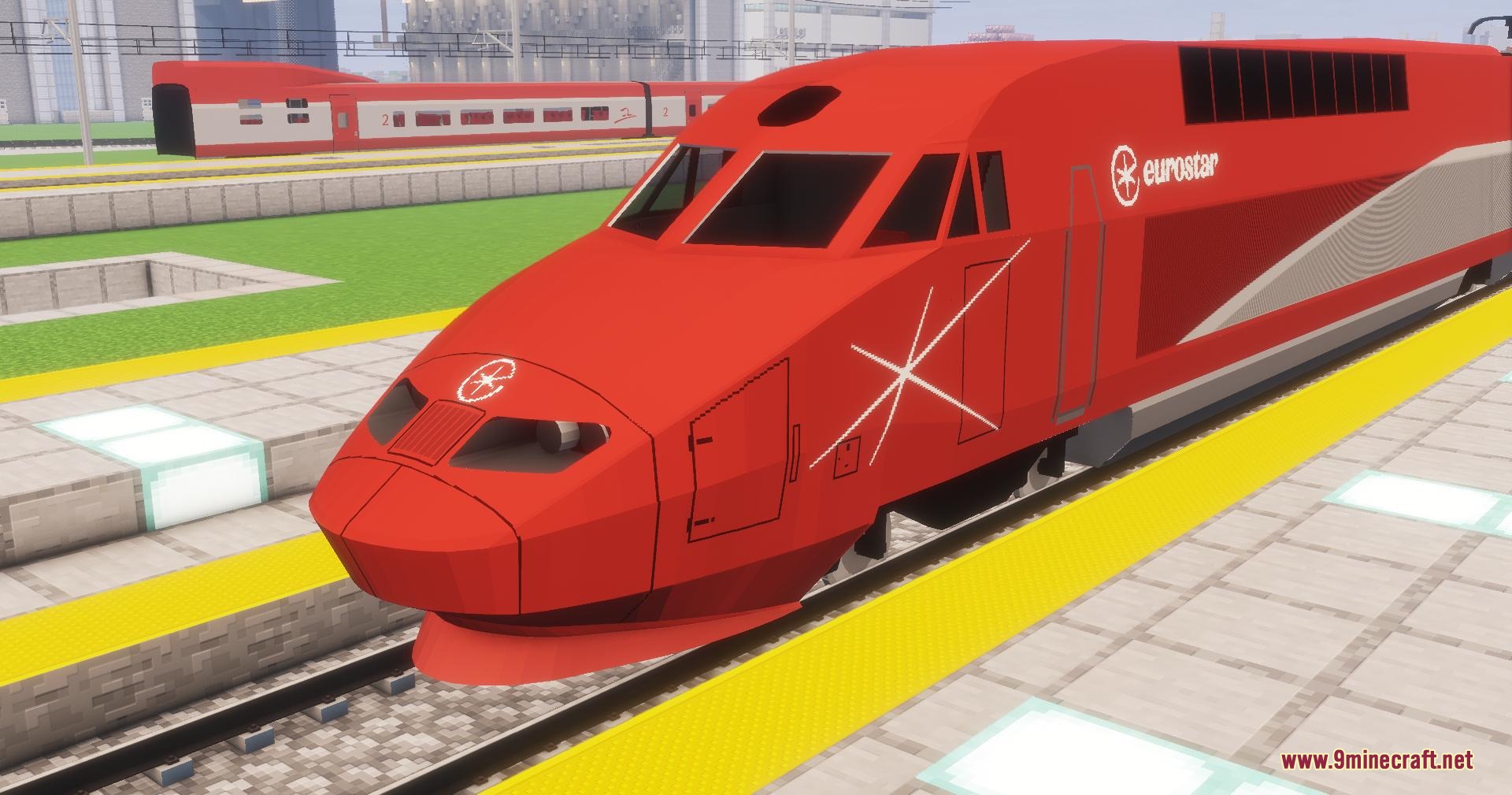 Velocity Rail Streamline Resource Pack (1.20.1) – Iconic French High-Speed 7 Close up of a red eurostar train engine on the railway tracks
