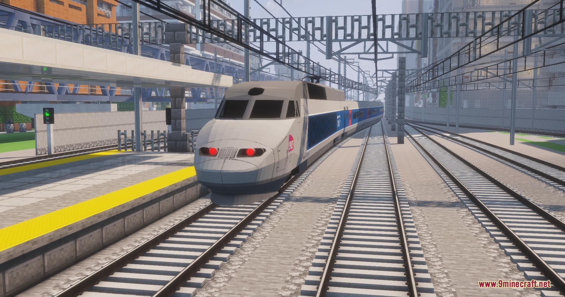 Velocity Rail Streamline Resource Pack (1.20.1) – Iconic French High-Speed 8 A sleek high speed train arrives at a modern minecraft railway station