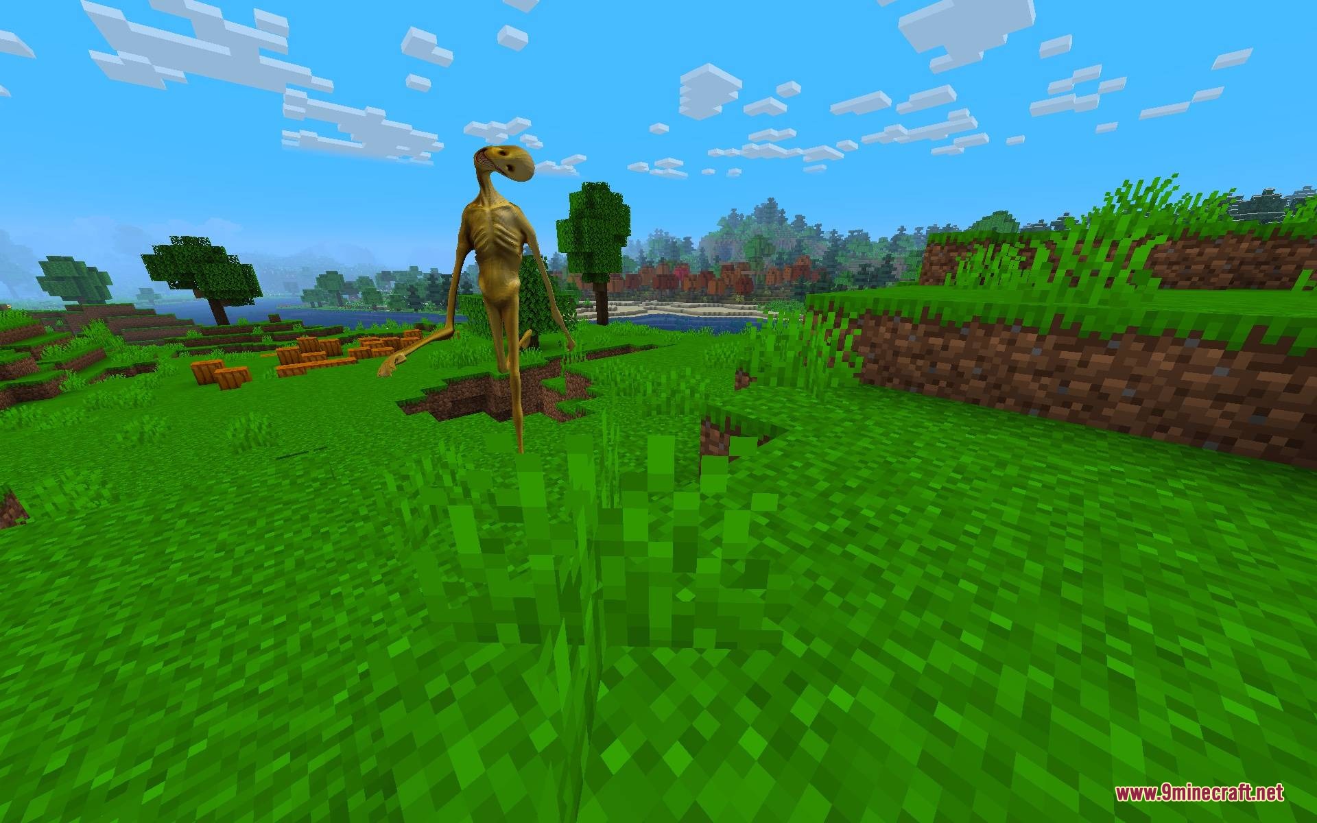 Verity Body Overhaul Mod (1.20.1) – Survive Terrifying Chases From A Golden 4 The verity demon monster stands tall in a bright green grassy field