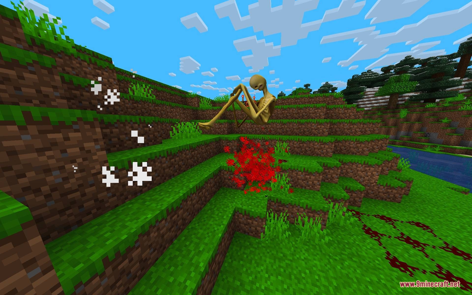 Verity Body Overhaul Mod (1.20.1) – Survive Terrifying Chases From A Golden 5 A scary yellow demon crouching on a hill with red blood effects