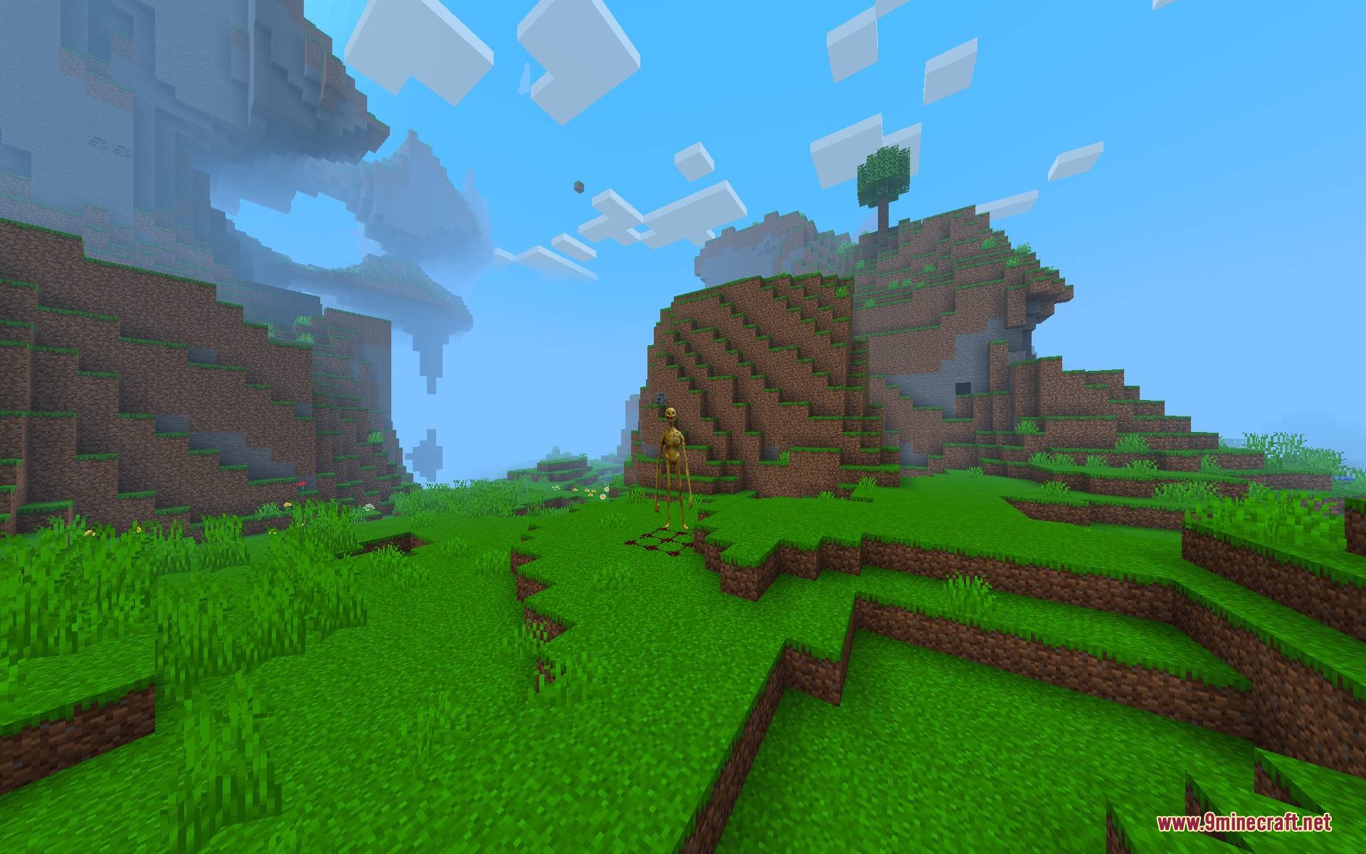Verity Body Overhaul Mod (1.20.1) – Survive Terrifying Chases From A Golden 9 The slender golden demon stands on a grassy plain near a mountain