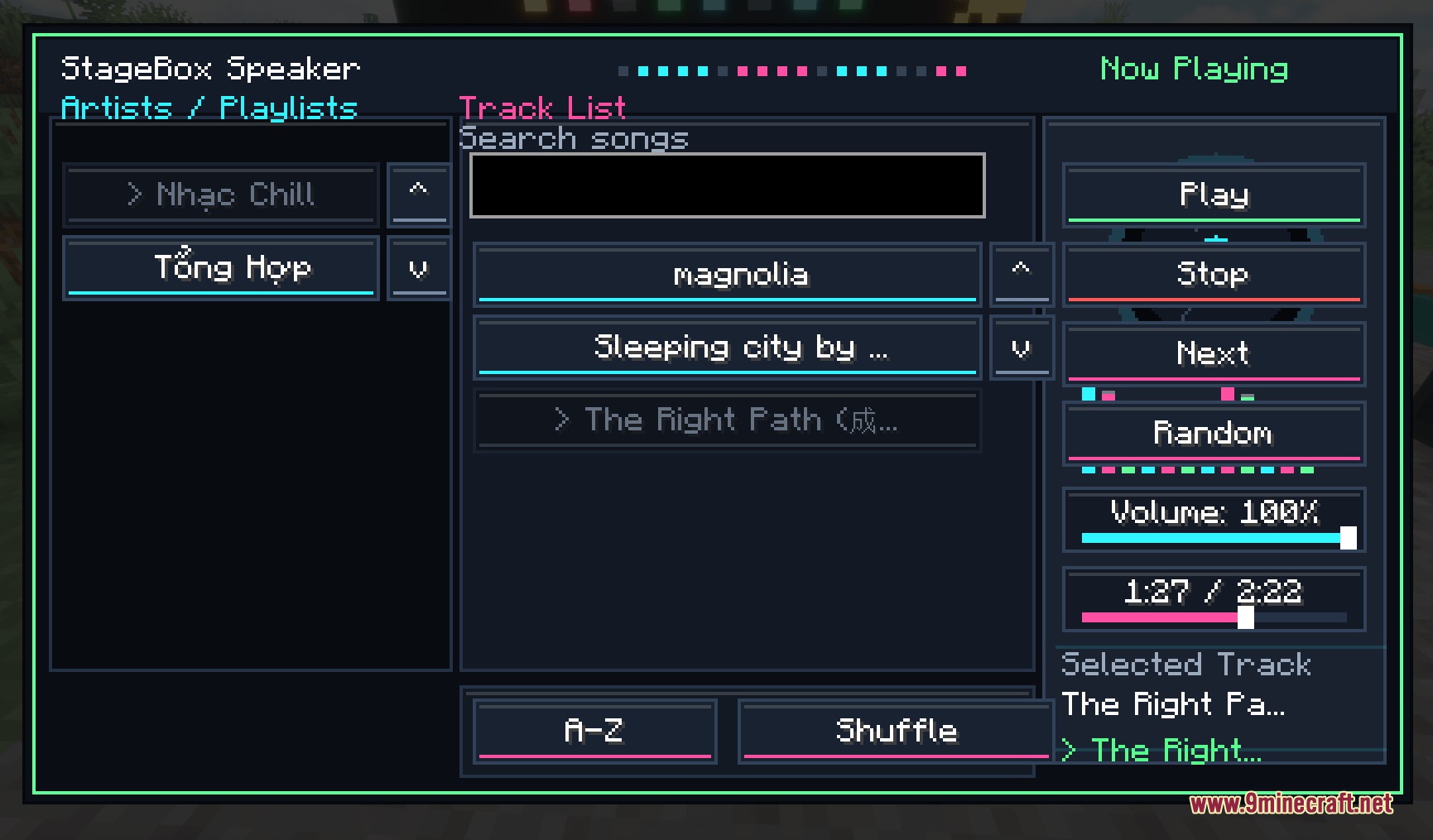 Vibe Wire Audio Mod (1.21.1, 1.20.1) – Host Live Concerts With Custom Music 5 The dj controller interface showing music playlists and playback controls in minecraft