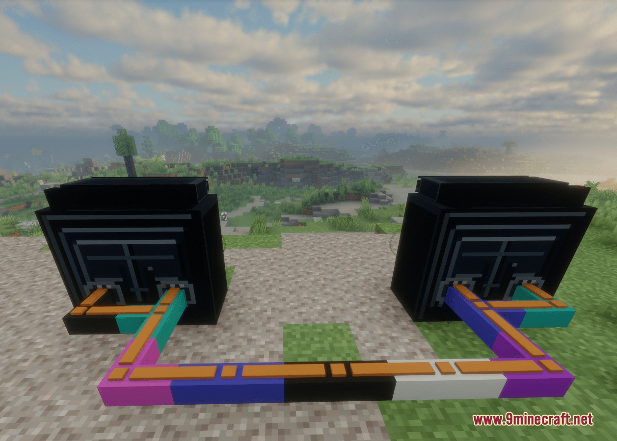 Vibe Wire Audio Mod (1.21.1, 1.20.1) – Host Live Concerts With Custom Music 6 Colorful wires connecting two large black speaker blocks in a minecraft field