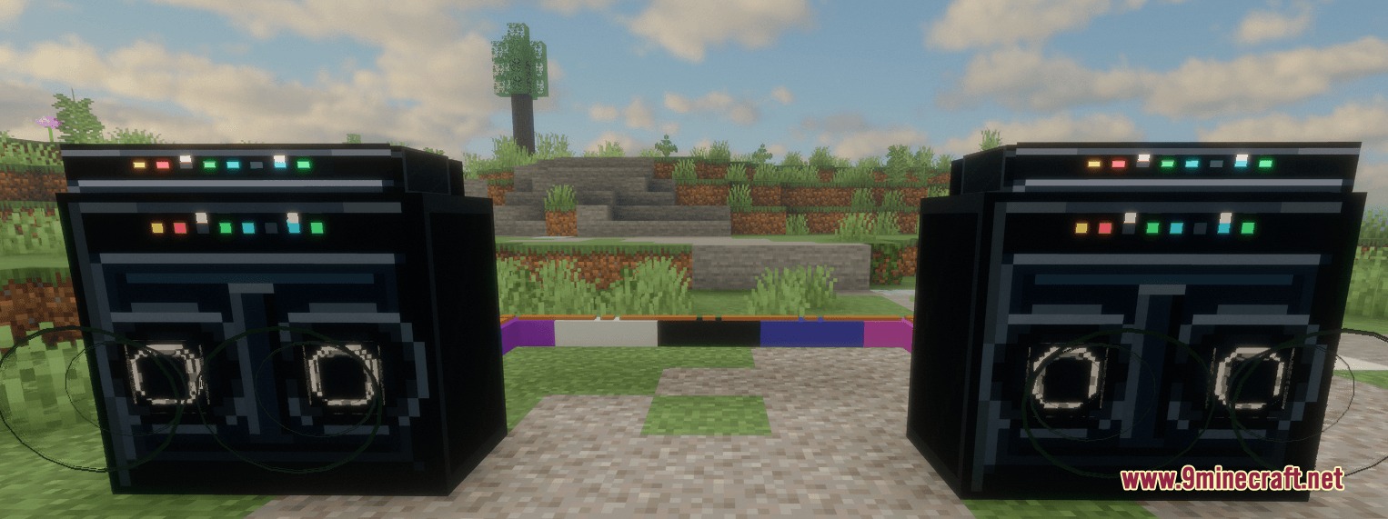 Vibe Wire Audio Mod (1.21.1, 1.20.1) – Host Live Concerts With Custom Music 7 Front view of two large black speakers with glowing lights in minecraft