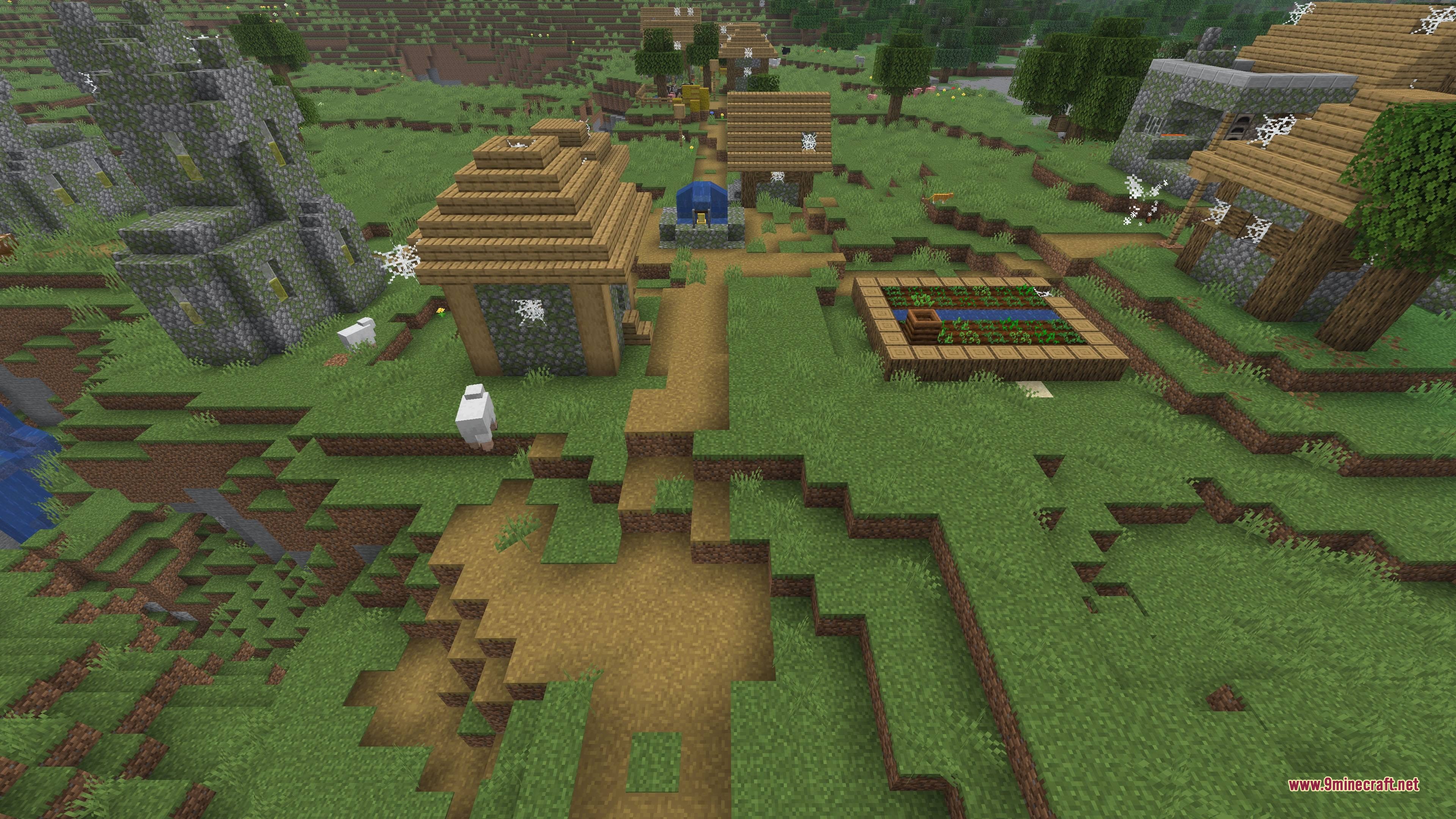 Ruined plains village with cobwebs and overgrown farms in a grassy landscape