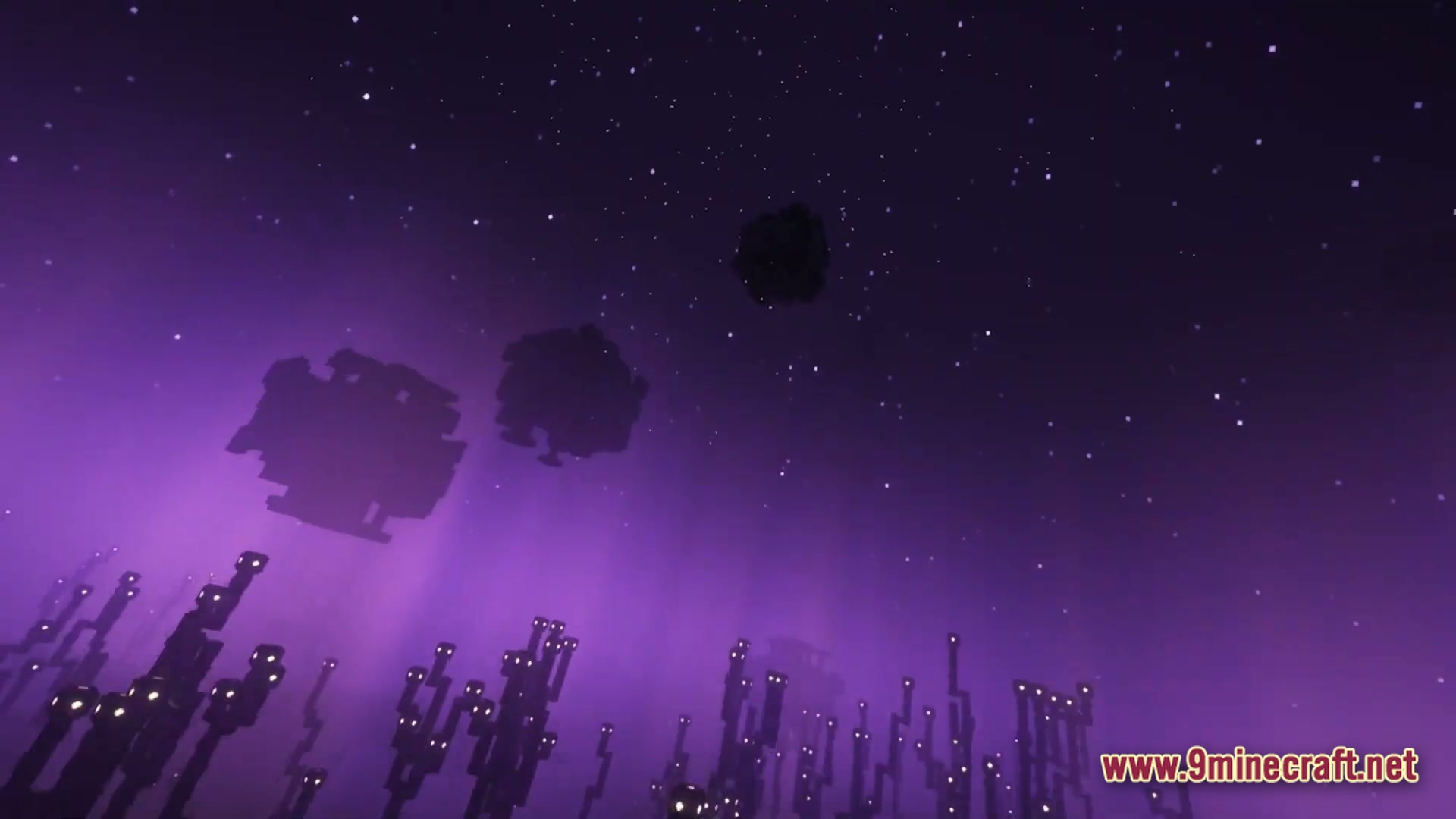 Floating islands and glowing structures under a starry purple sky in a custom minecraft dimension