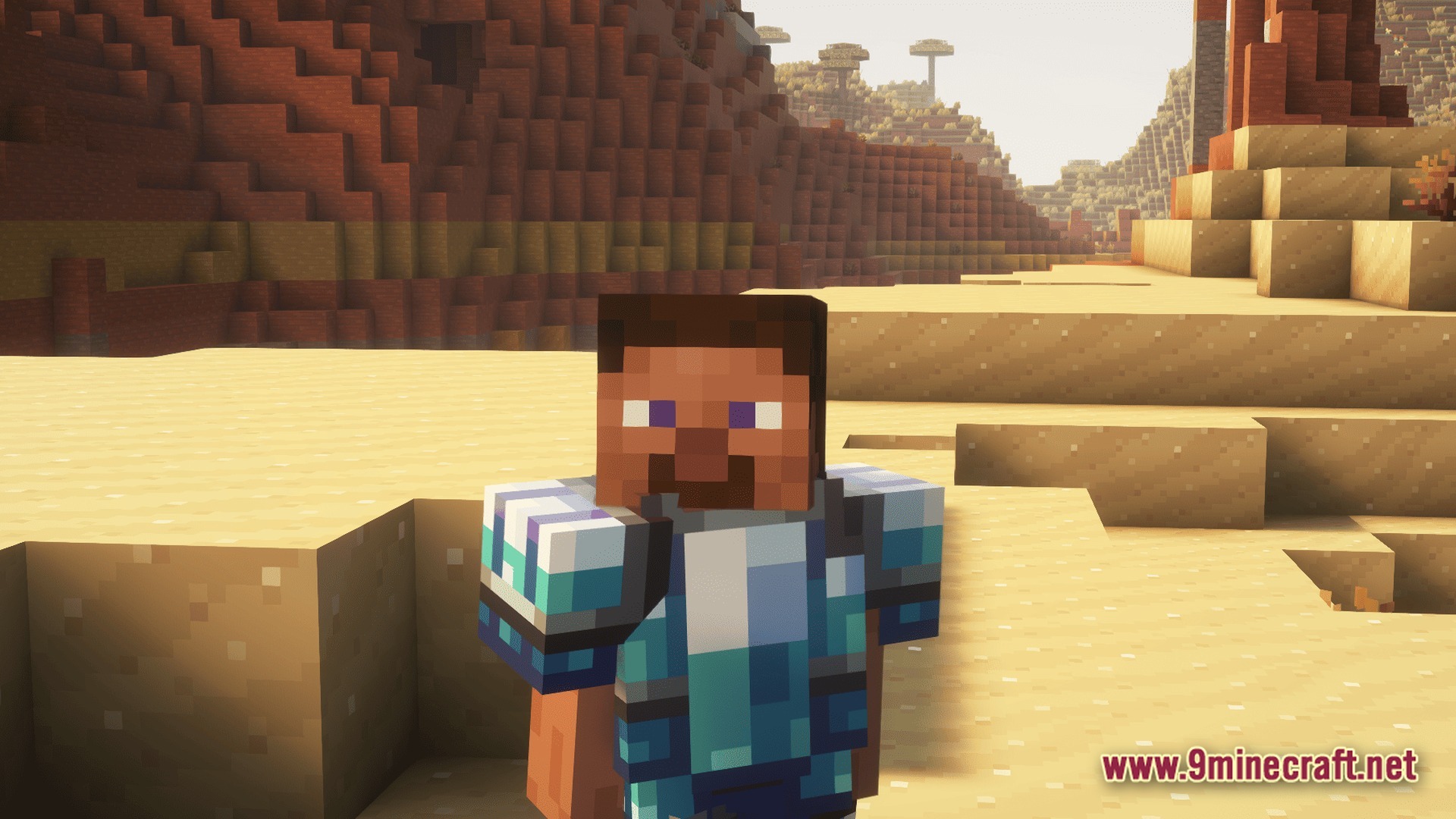 A character wearing blue and white armor stands in a desert biome with mesa mountains behind