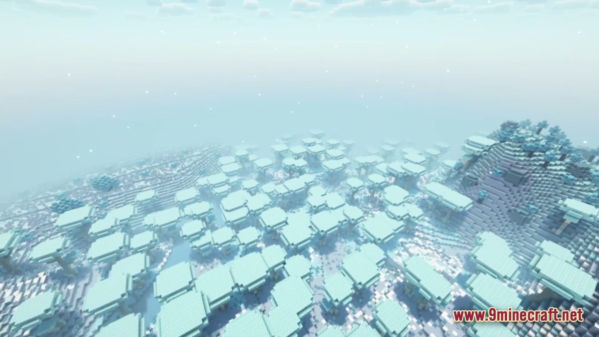 A vast forest of flat-topped, light blue trees under a hazy, pale sky in a snowy biome