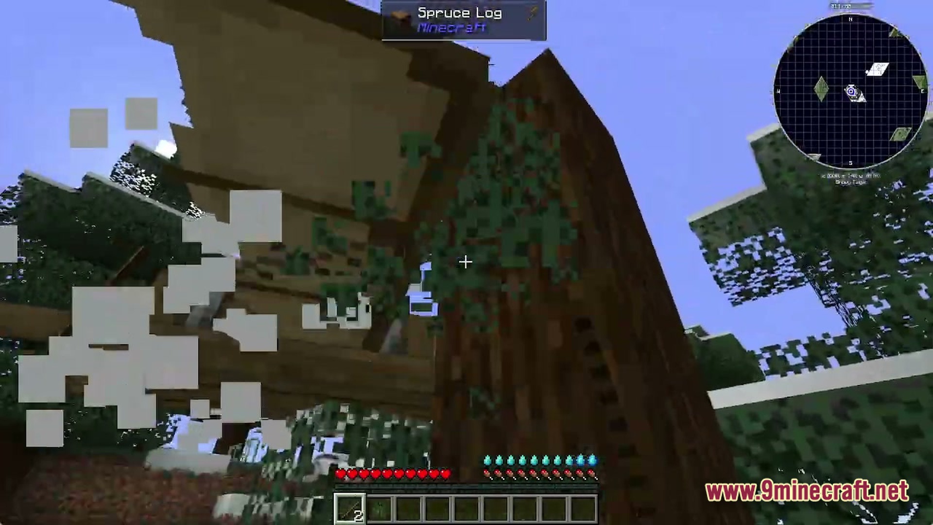 Voidlock Genesis Overdrive Modpack (1.21.1) – Survive Sky Islands And Build 2 A player harvests a spruce log from a tree in a snowy taiga biome