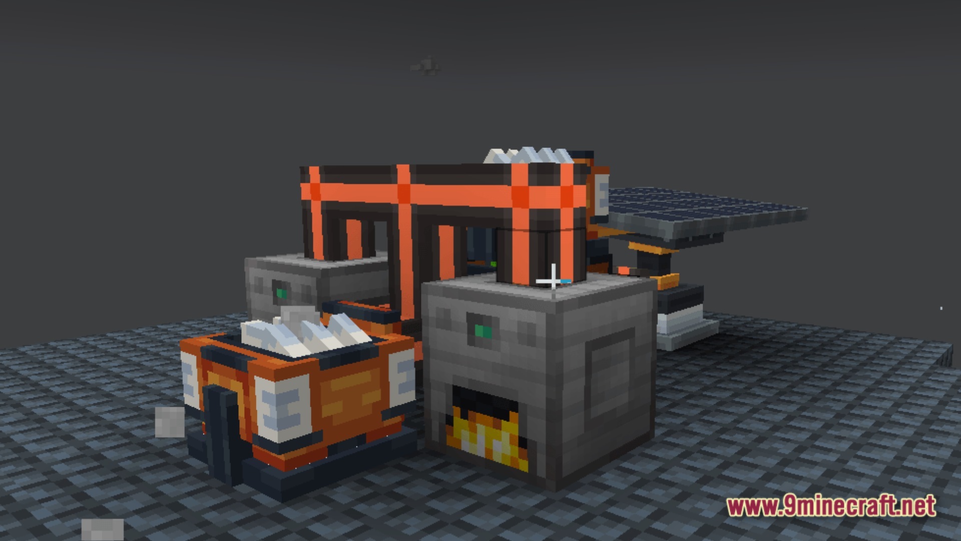 Voidlock Genesis Overdrive Modpack (1.21.1) – Survive Sky Islands And Build 11 Industrial machines connected by orange power cables including a solar panel and a furnace in a void
