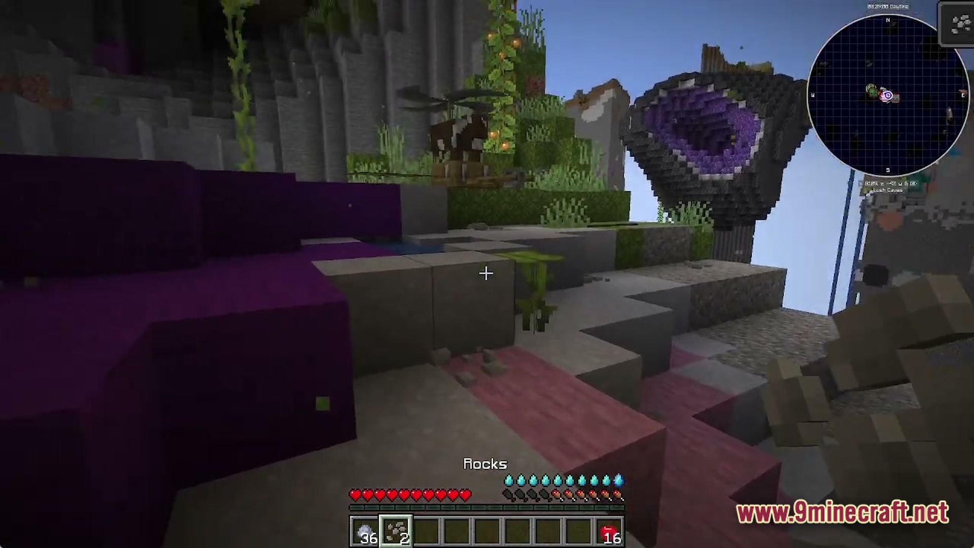 Voidlock Genesis Overdrive Modpack (1.21.1) – Survive Sky Islands And Build 4 A player explores a floating island landscape featuring a large amethyst geode and custom machinery