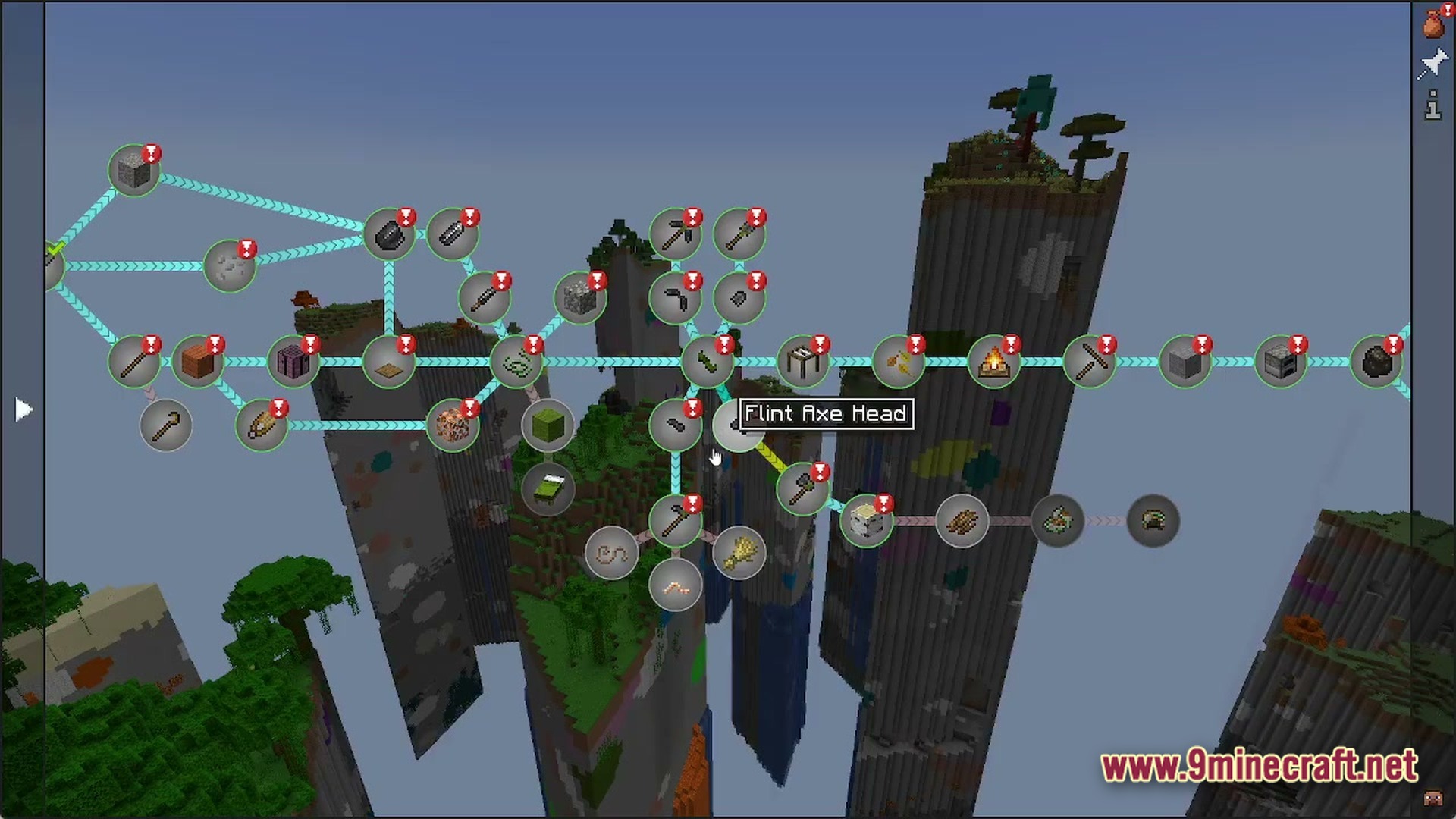 Voidlock Genesis Overdrive Modpack (1.21.1) – Survive Sky Islands And Build 7 A complex quest progression tree overlaying a world of tall, narrow floating island pillars
