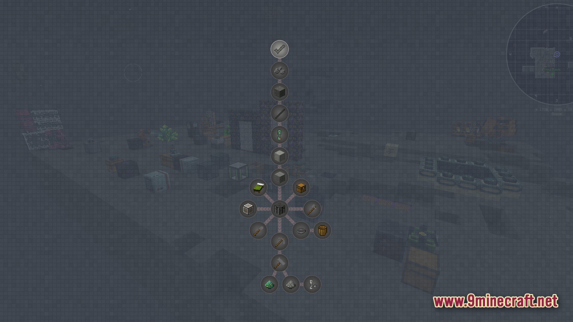 Voidlock Genesis Overdrive Modpack (1.21.1) – Survive Sky Islands And Build 9 A vertical quest progression tree overlaying a dark, foggy void world with various modded machines