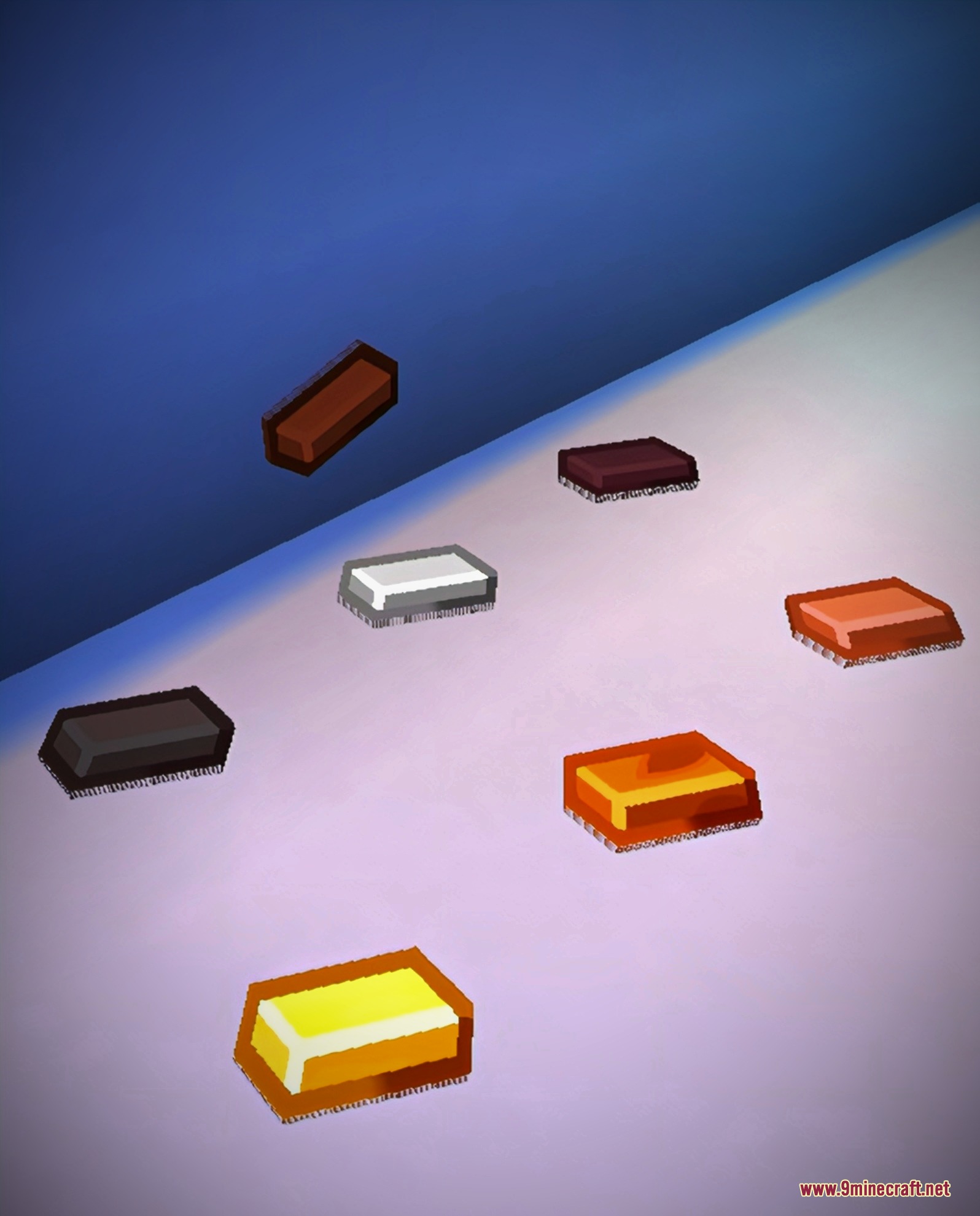 Voxel Craft Textures Resource Pack (26.2, 1.21.11) – Clean Barebones World 2 Various stylized metal ingots are displayed on a smooth light purple surface