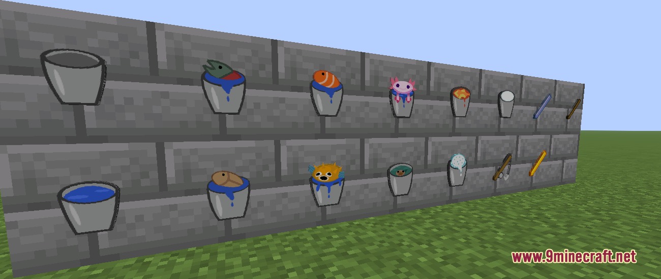 Voxel Craft Textures Resource Pack (26.2, 1.21.11) – Clean Barebones World 5 Collection of buckets and tools displayed in item frames on stone brick walls