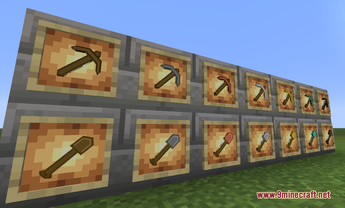 Voxel Craft Textures Resource Pack (26.2, 1.21.11) – Clean Barebones World 8 Various pickaxes and shovels with clean textures displayed in item frames