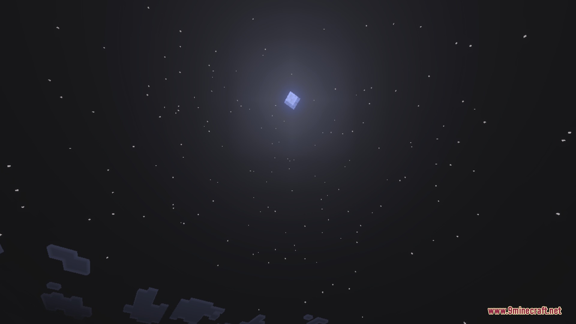 A clear night sky in minecraft featuring a square moon and stars