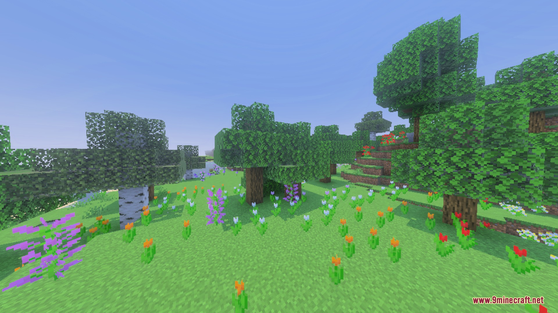 Vibrant flower forest biome with bright green grass and clear blue skies