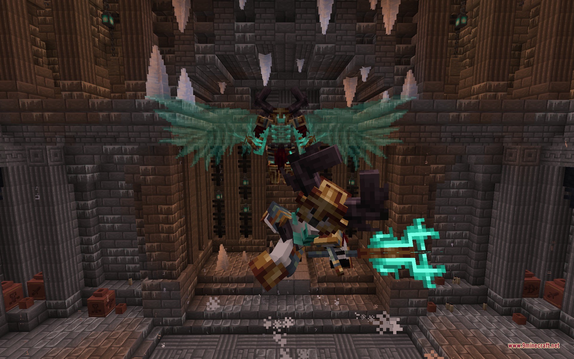 Weapons Of Cataclysm Data Pack (1.20.1) – Unleash The Attack Moves 3 Player with glowing wings uses the ancient spear against a dungeon boss