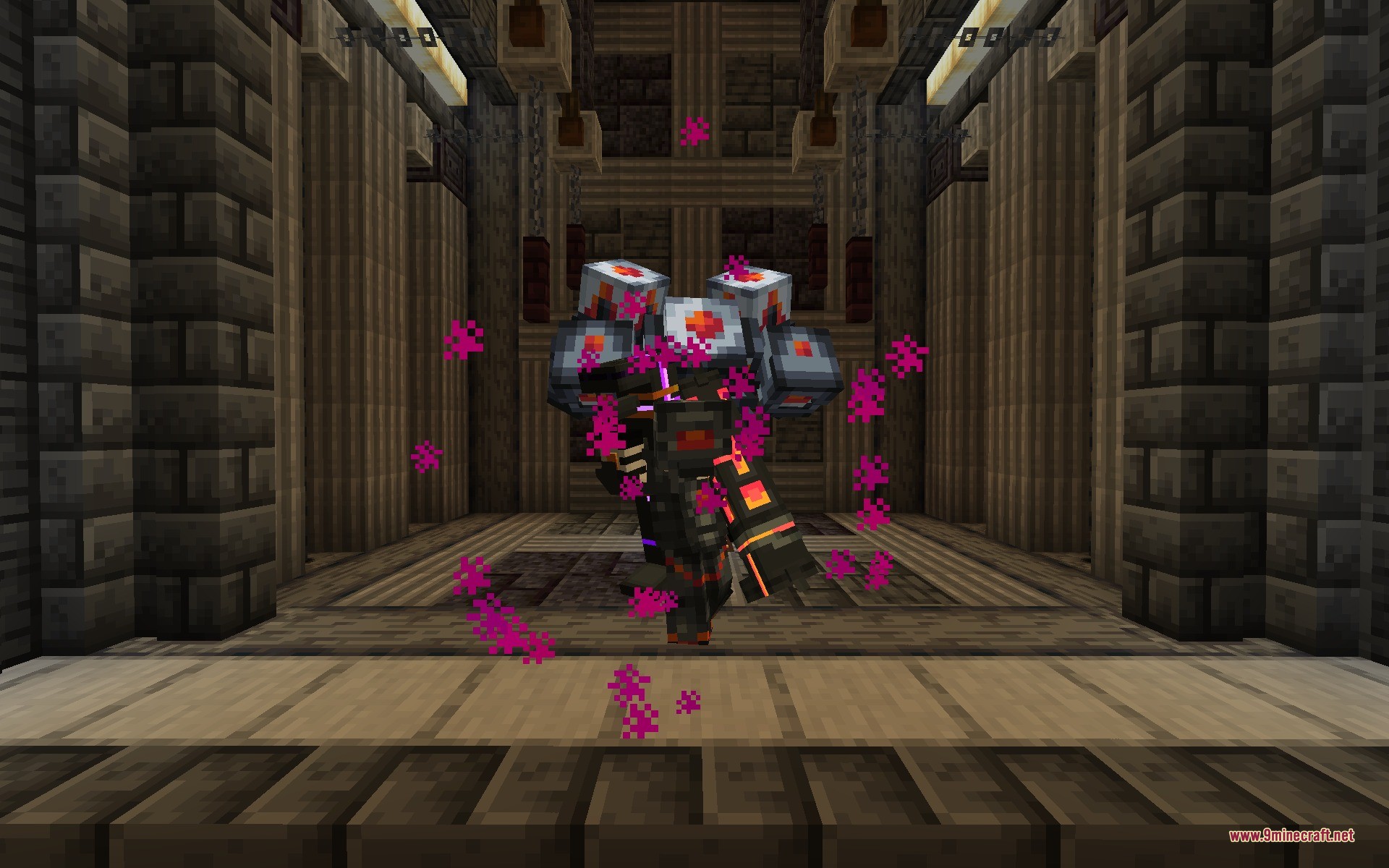 Weapons Of Cataclysm Data Pack (1.20.1) – Unleash The Attack Moves 6 A player wearing heavy armor with shoulder cannons stands in a stone hallway