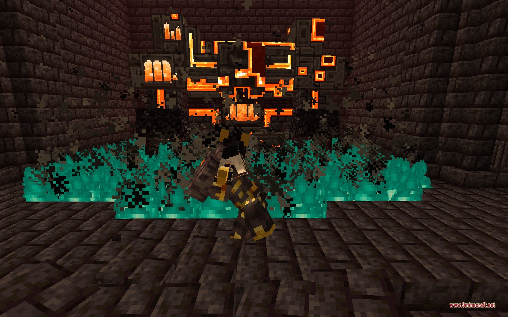 Weapons Of Cataclysm Data Pack (1.20.1) – Unleash The Attack Moves 8 Player character stands before the massive glowing face of the ignis boss