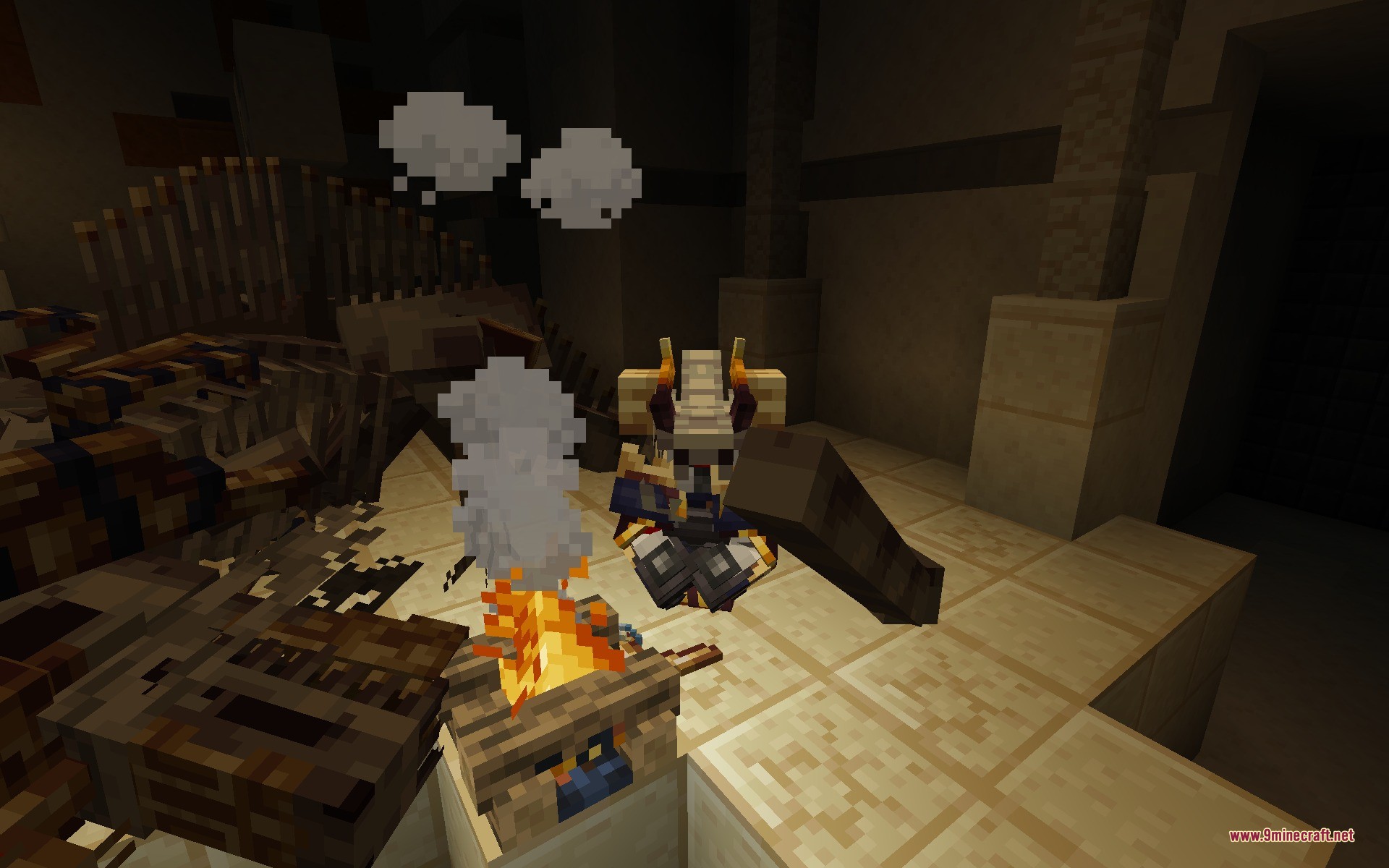 Weapons Of Cataclysm Data Pack (1.20.1) – Unleash The Attack Moves 10 A minecraft character wearing ender guardian armor sits resting by a campfire