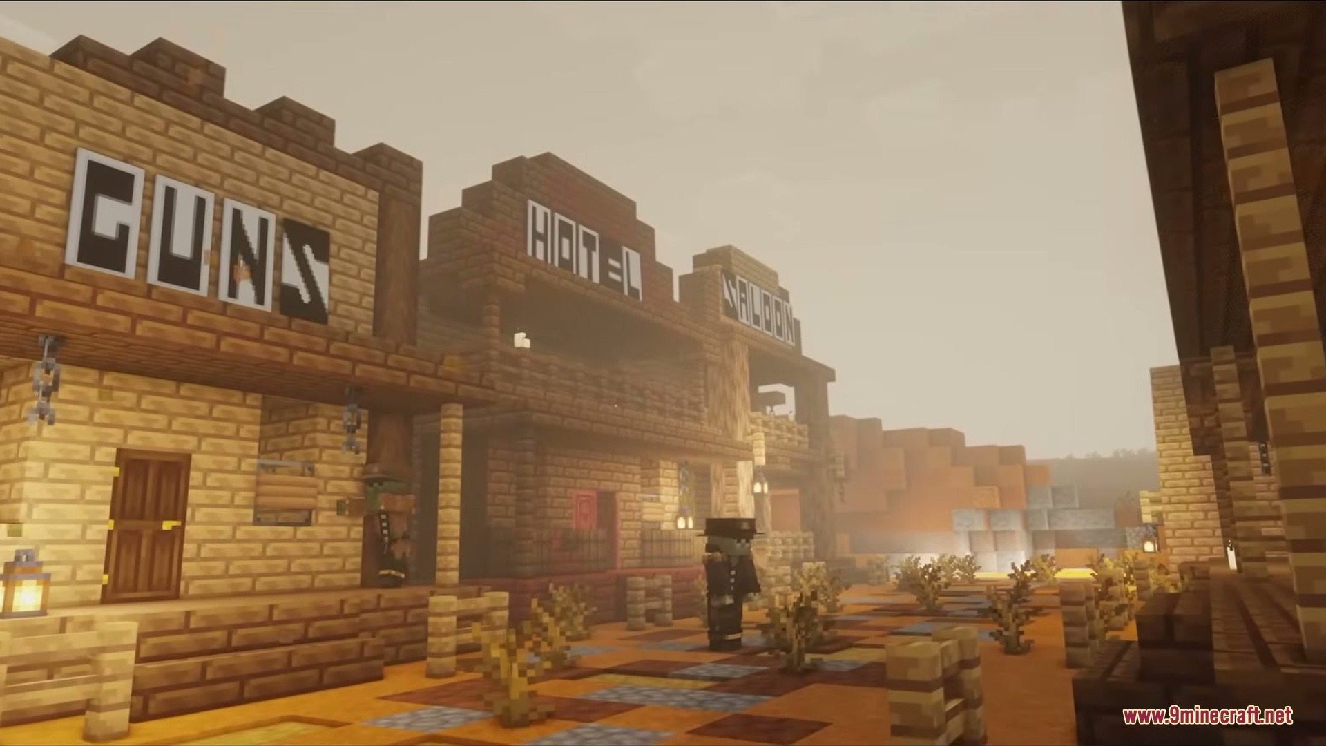 Wild West Structures Mod (1.21.8, 1.20.1) – Turn Dry Badlands Into Lively 2 A player character standing in a dusty frontier town with wooden western buildings